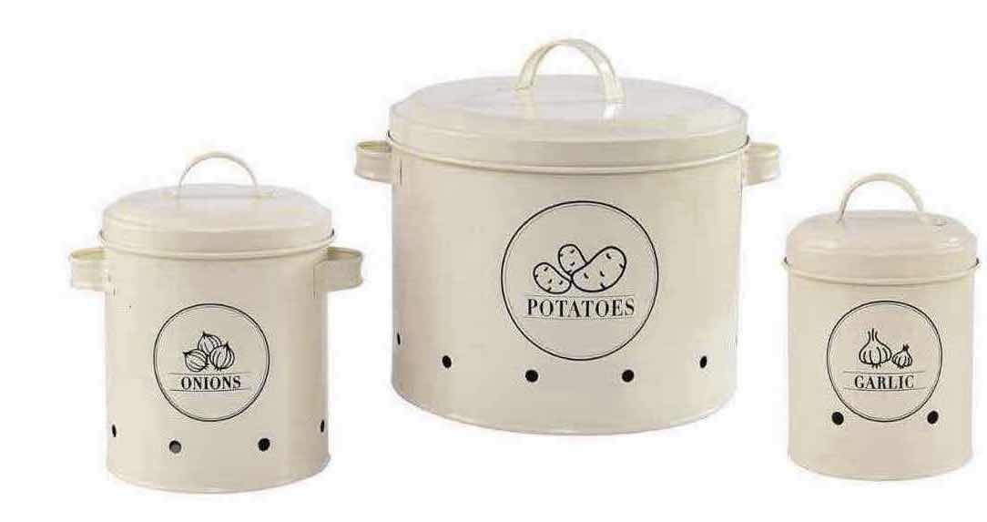 Photo 2 of NEW CASE OF HOME-X 3-PC CANISTER SET, POTATO, ONION & GARLIC, CREAM COLOR (4 SETS/CASE)