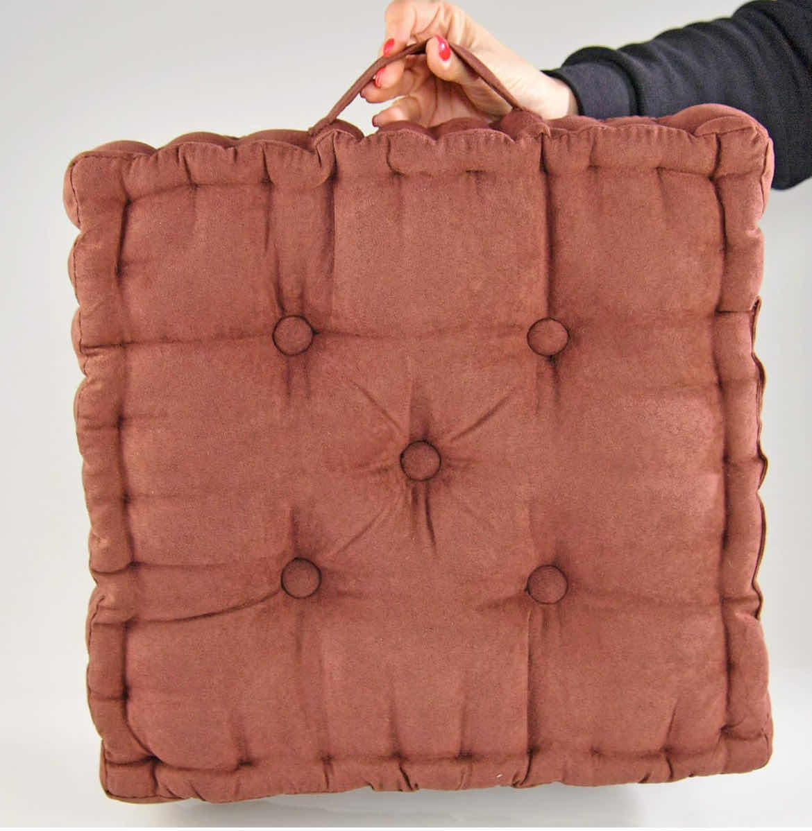 Photo 5 of 4-BRAND NEW-HOME-X TUFTED BOOSTER CUSHION, THICK UPHOLSTERED SQUARE SEAT PAD WITH CARRYING HANDLE – BROWN 15” X 15” X 3 ½”H