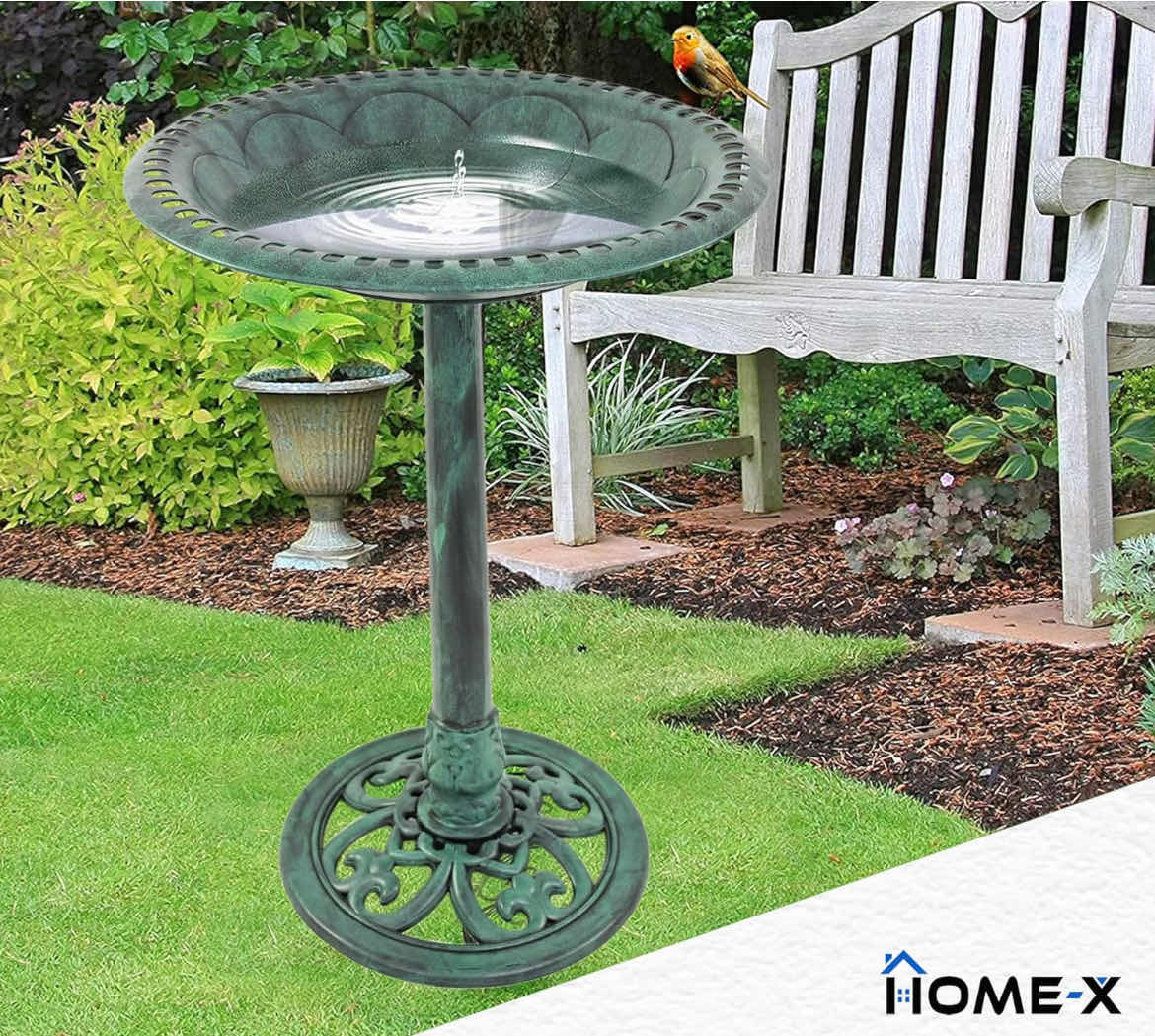 Photo 1 of BRAND NEW-HOME-X OUTDOOR STANDING BIRD BATH/FEEDER. GREEN, WEATHER RESISTANT POLY RESIN, STAND STAKES FOR STABILITY. 20"W X 27'H