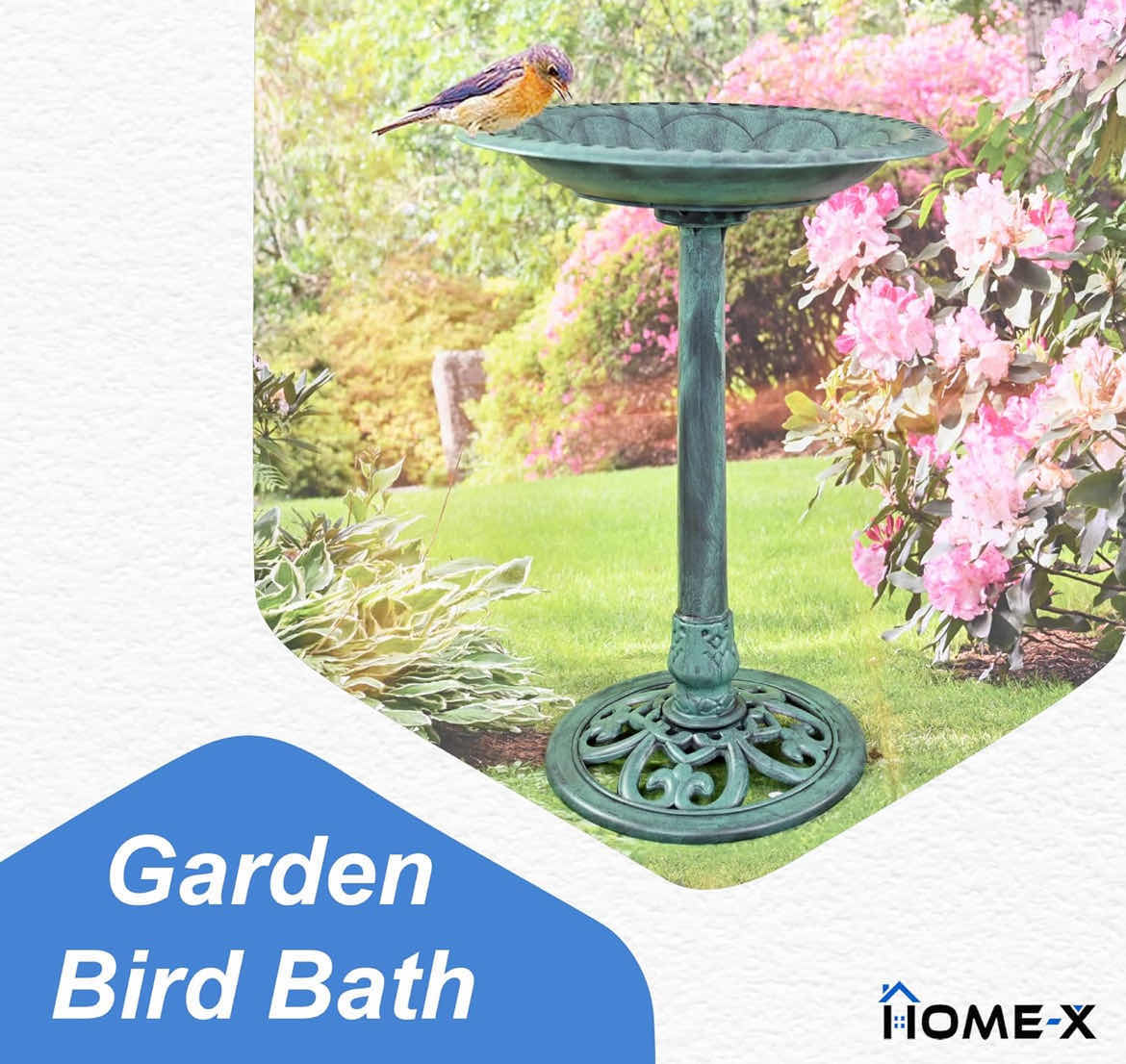 Photo 3 of BRAND NEW-HOME-X OUTDOOR STANDING BIRD BATH/FEEDER. GREEN, WEATHER RESISTANT POLY RESIN, STAND STAKES FOR STABILITY. 20"W X 27'H