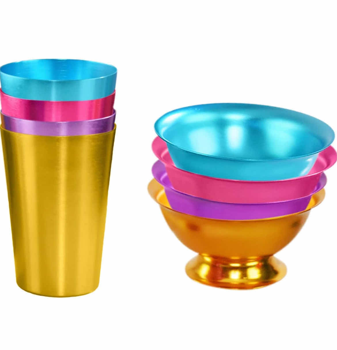 Photo 3 of 8 PIECE SET-BRAND NEW HOME-X BRIGHTLY COLORED RETRO ALUMINUM FOOTED SERVING BOWLS AND TUMBLERS. 4-METAL SERVING BOWLS  2.5" H AND 4-12oz ALUMINUM CUPS.