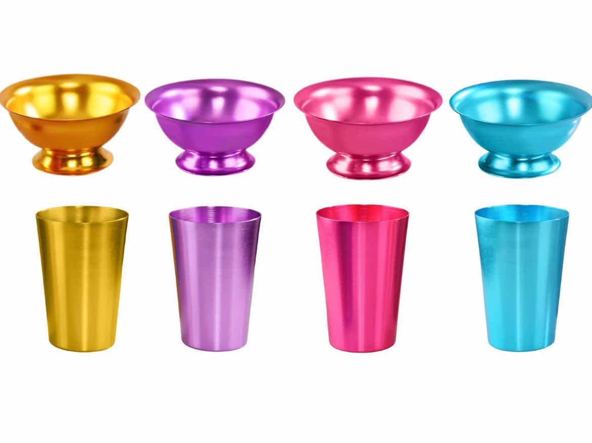 Photo 1 of 8 PIECE SET-BRAND NEW HOME-X BRIGHTLY COLORED RETRO ALUMINUM FOOTED SERVING BOWLS AND TUMBLERS. 4-METAL SERVING BOWLS  2.5" H AND 4-12oz ALUMINUM CUPS.