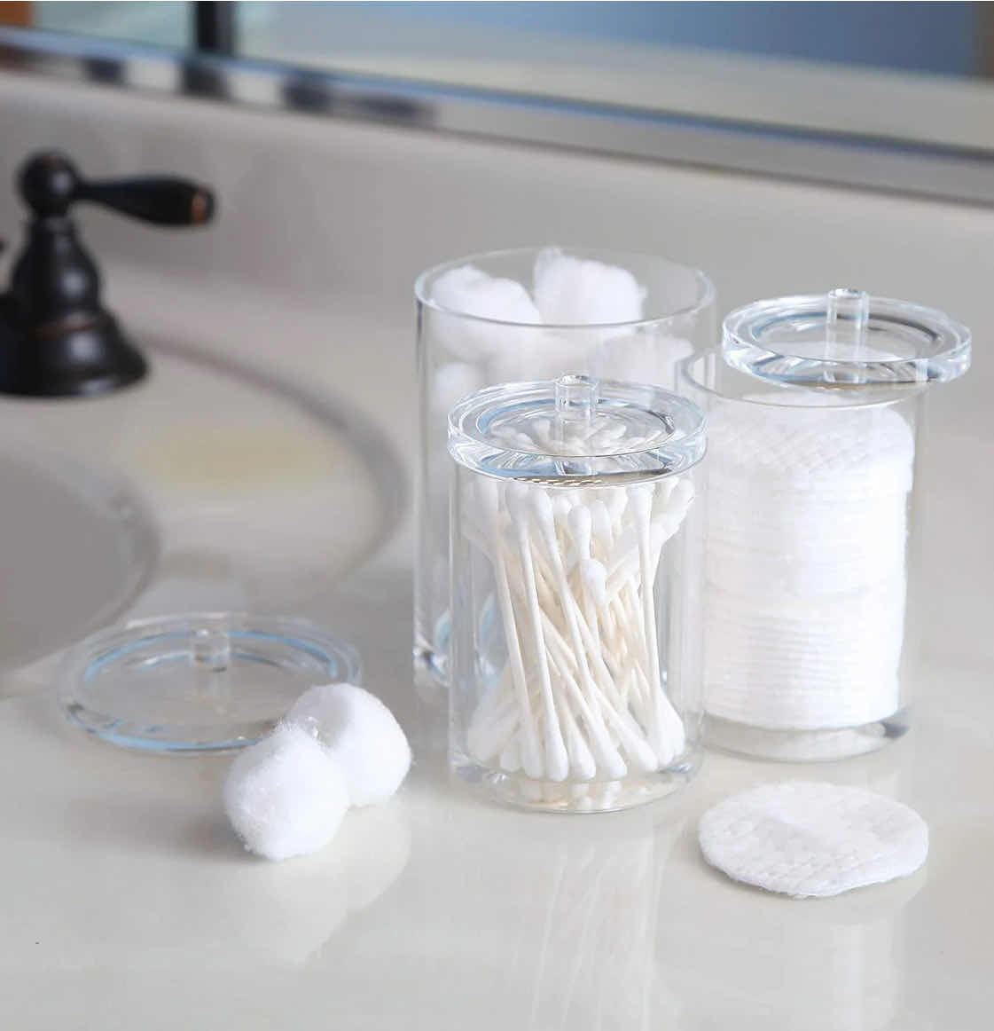 Photo 2 of BRAND NEW-ARAD ACRYLIC BATHROOM COTTON BALL, SWAB, AND Q-TIP ORGANIZER. 1-PIECE 3-COMPARTMENTS WITH LIDS, STORAGE JARS FOR BATHROOM COUNTERS, 6"W X 6"L