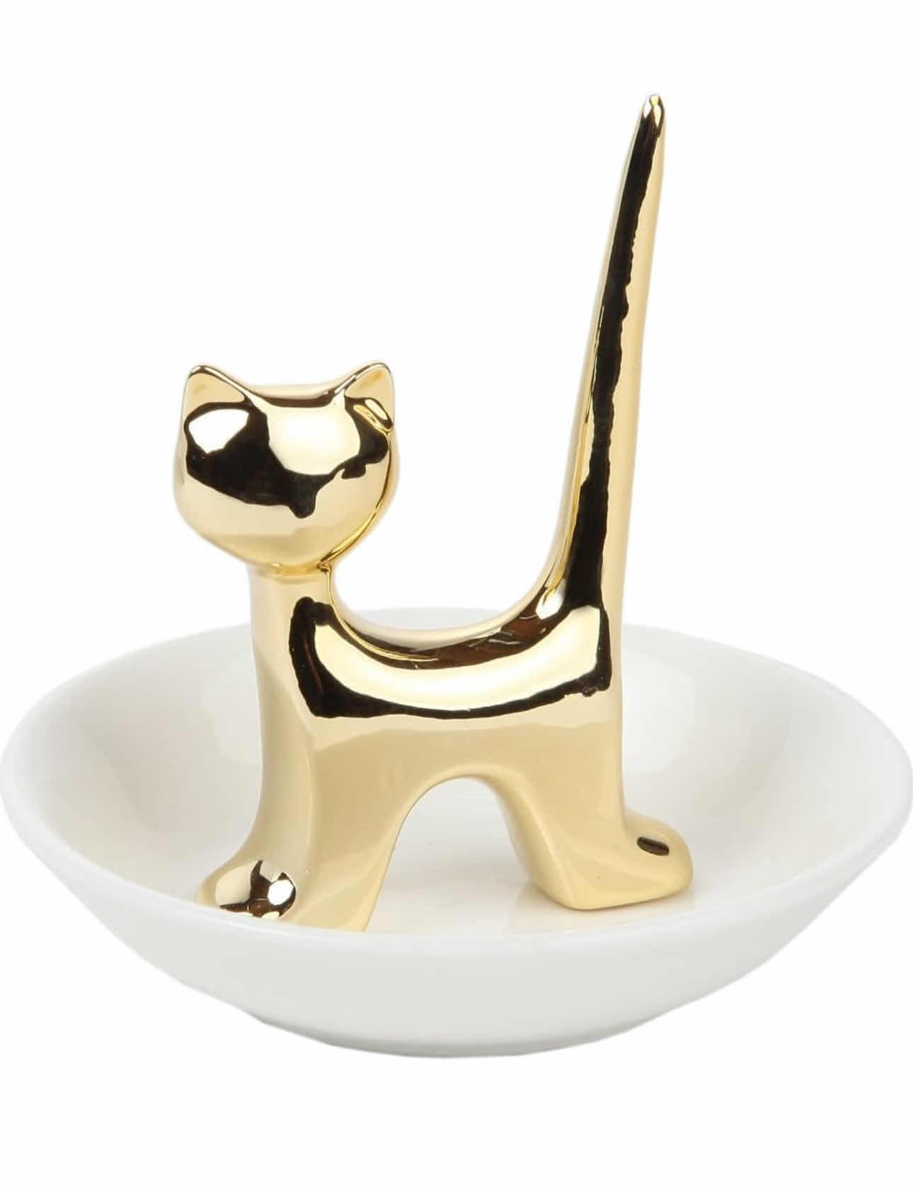 Photo 1 of 3-BRAND NEW-HOME-X GOLDEN CAT, PORCELAIN RING HOLDER IN SAUCER. 4.2"H (3CT)