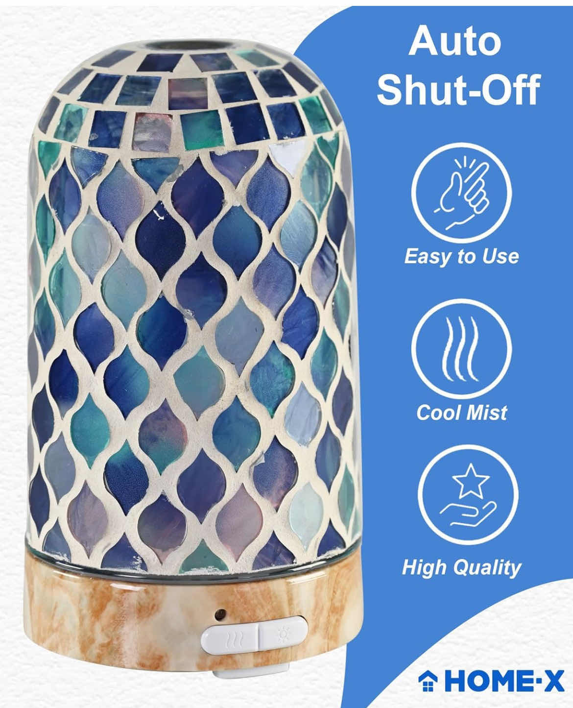 Photo 4 of BRAND NEW-HOME-X MOSAIC ARABESQUE ULTRASONIC ESSENTIAL OIL DIFFUSER. COLOR-CHANGING DIFFUSER, MULTICOLORED TILE MOSIAC. 2 MIST MODES AND AUTO SHUTOFF. 3 ½"L X 3 ½" W X 6¼"H