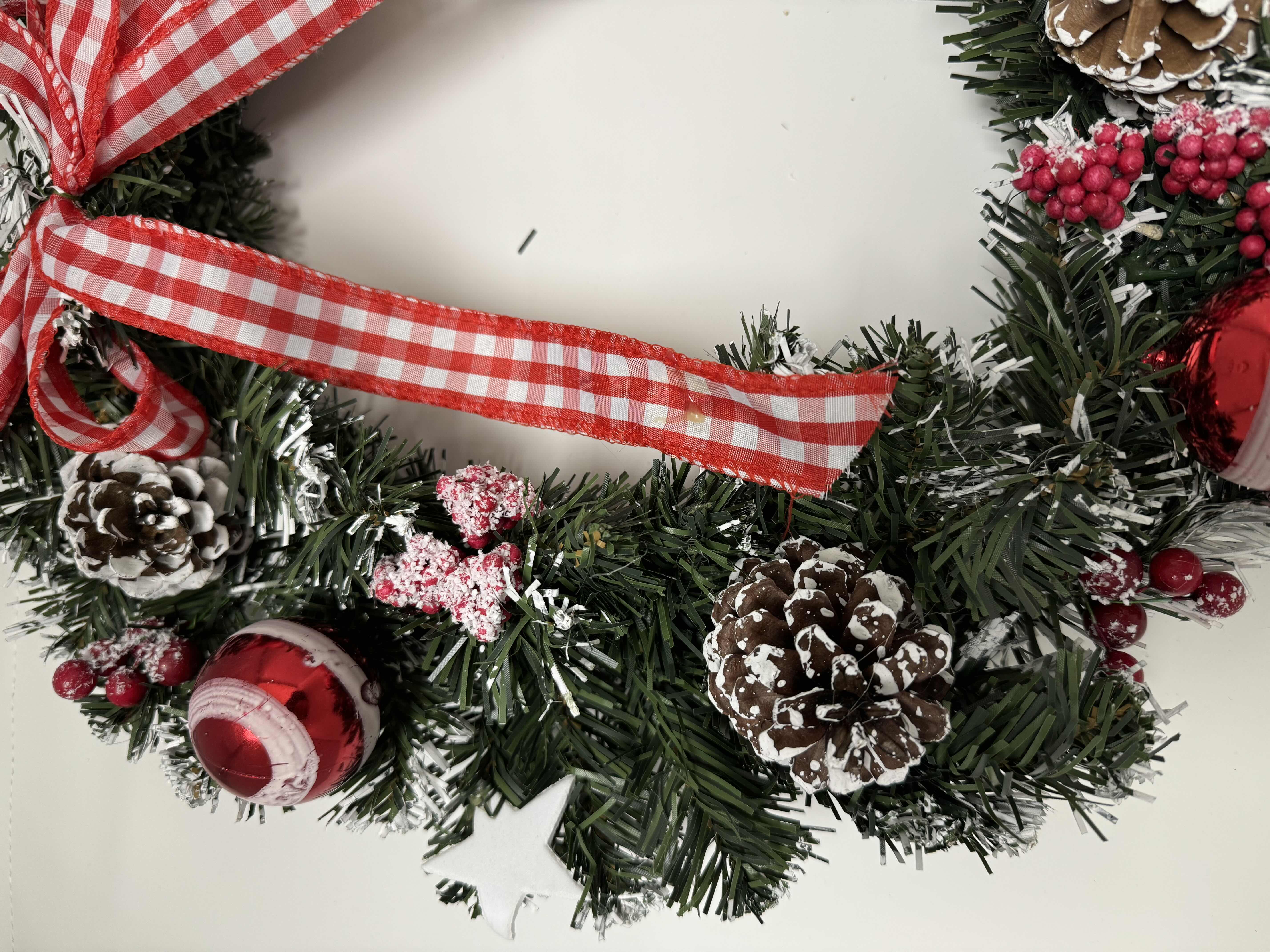 Photo 3 of BRAND NEW-HOME-X 18” FLOCKED CHRISTMAS WREATH WITH STARS, PINECONES, AND ORNAMENTS.