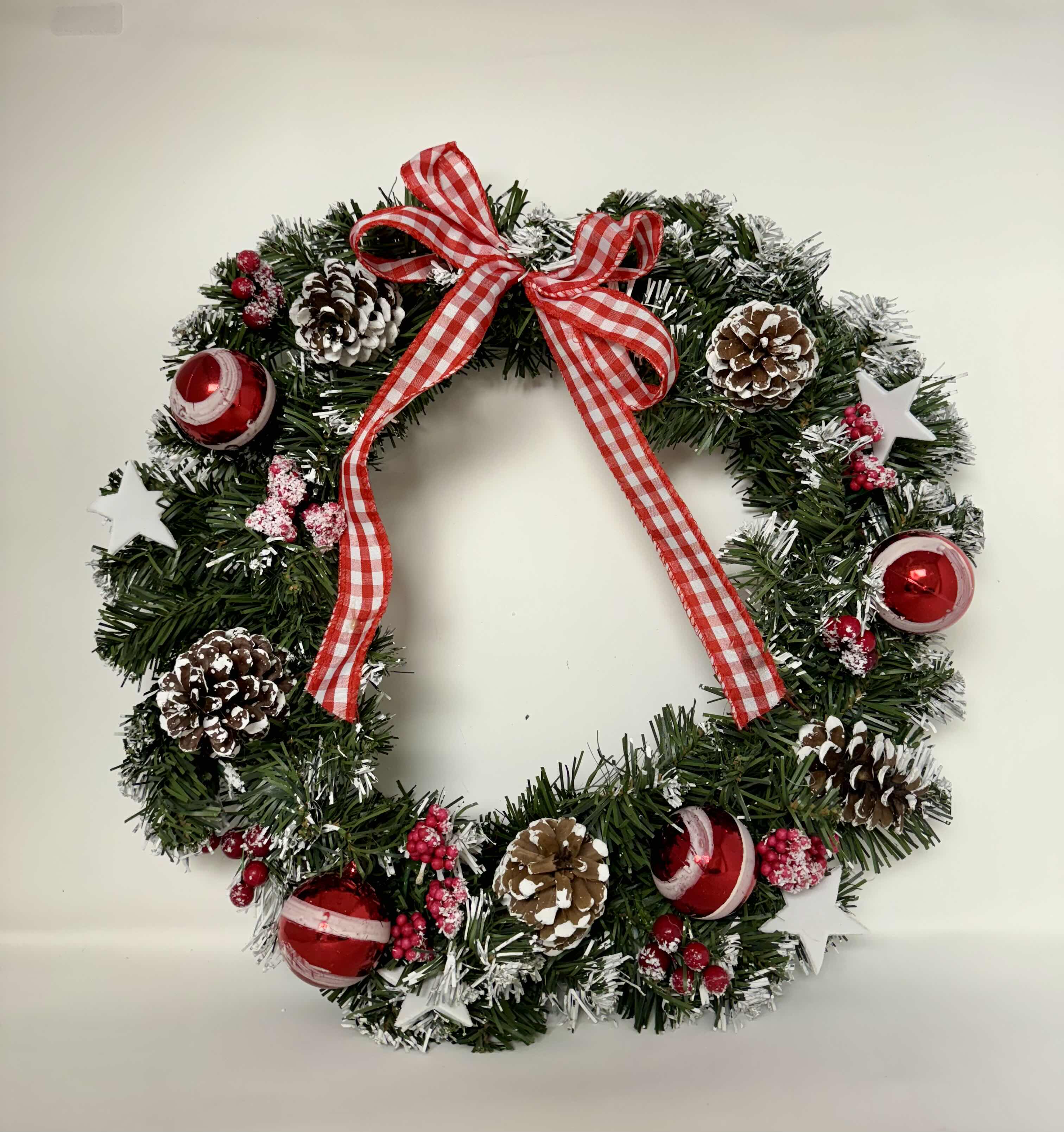 Photo 1 of BRAND NEW-HOME-X 18” FLOCKED CHRISTMAS WREATH WITH STARS, PINECONES, AND ORNAMENTS.