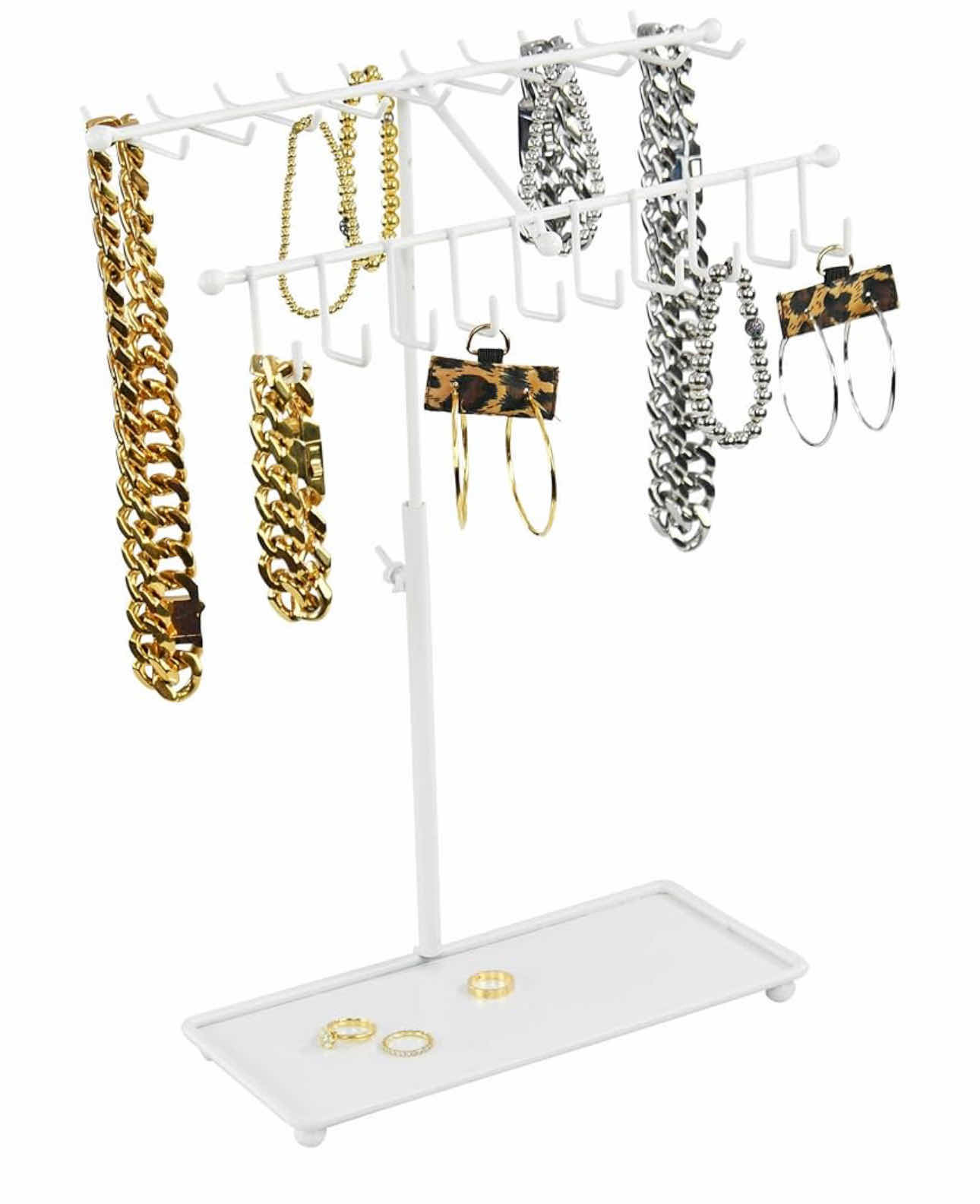 Photo 1 of BRAND NEW-ARAD WHITE METAL JEWELRY TREE. TWO TIERED NECKLACE, BRACELET, RING AND EARRING DISPLAY. ADJUSTABLE HEIGHT. 15"H