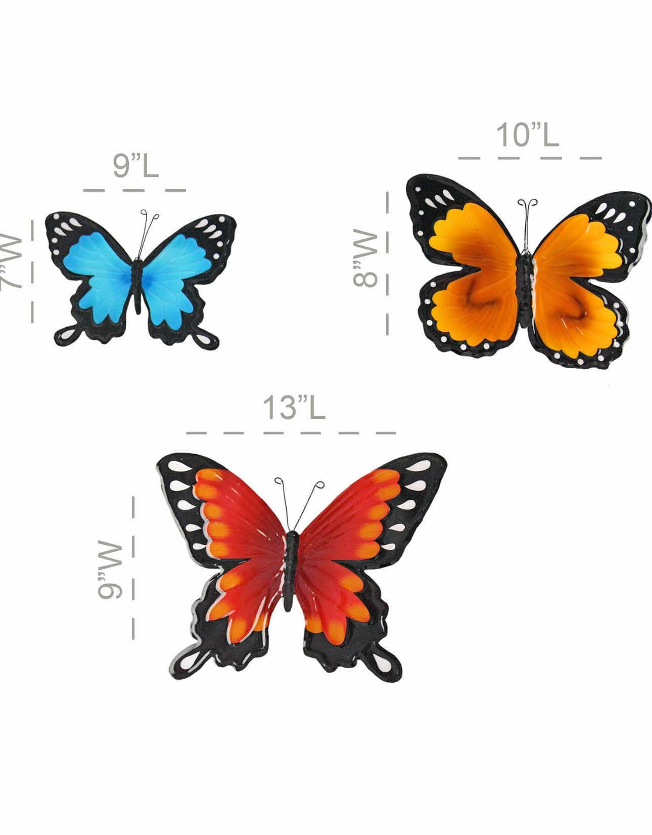 Photo 2 of 2-BRAND NEW-HOME X METAL BUTTERFLY WALL ART-SET OF 3, INDOOR/OUTDOOR HOME/GARDEN HANGING DECOR. FENCE AND WALL DECORATION. MULTIPLE COLOR METAL DESIGN. SMALLEST 7"H, LARGEST 9"H (2 SETS OF 3).