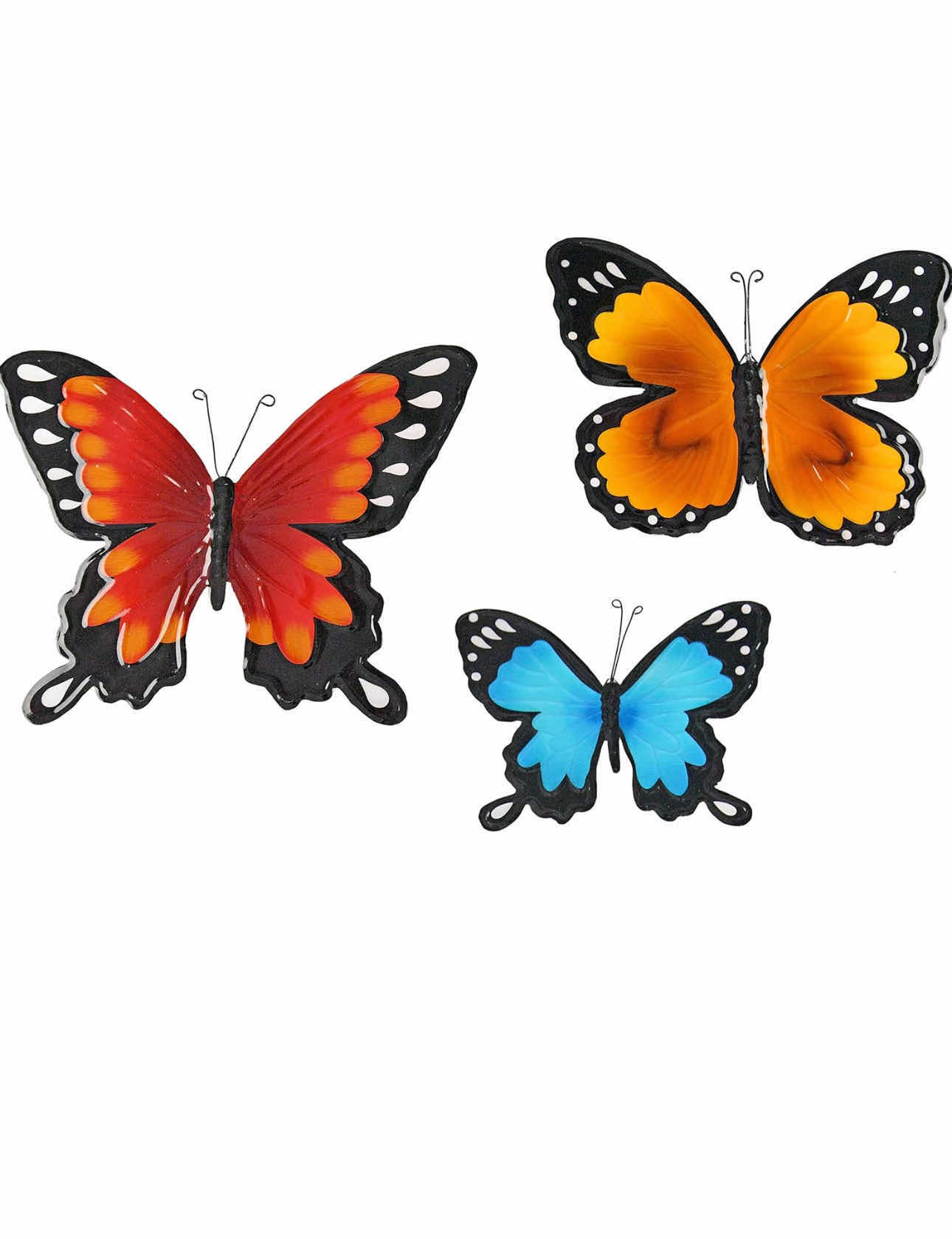 Photo 1 of 2-BRAND NEW-HOME X METAL BUTTERFLY WALL ART-SET OF 3, INDOOR/OUTDOOR HOME/GARDEN HANGING DECOR. FENCE AND WALL DECORATION. MULTIPLE COLOR METAL DESIGN. SMALLEST 7"H, LARGEST 9"H (2 SETS OF 3).