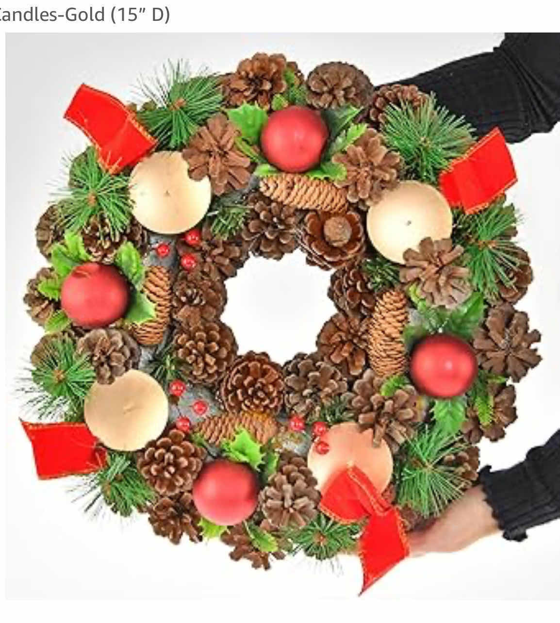 Photo 2 of BRAND NEW-HOME-X CHRISTMAS DECORATION ADVENT WREATH CANDLE HOLDER. PINECONE, ORNAMENTS AND RED RIBBONS. 15"L X 3.5"H (CANDLES NOT INCLUDED)