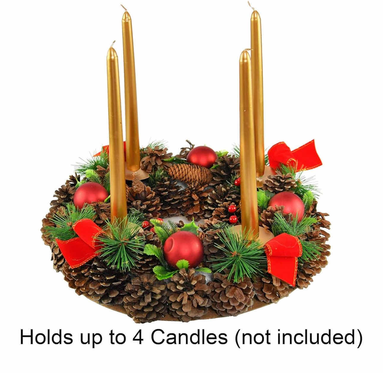 Photo 1 of BRAND NEW-HOME-X CHRISTMAS DECORATION ADVENT WREATH CANDLE HOLDER. PINECONE, ORNAMENTS AND RED RIBBONS. 15"L X 3.5"H (CANDLES NOT INCLUDED)