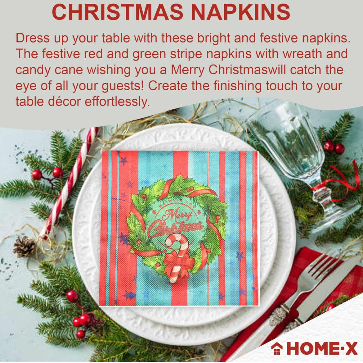 Photo 2 of 5-SETS OF BRAND NEW-HOME X-MERRY CHRISTMAS WREATH DISPOSABLE PAPER NAPKINS. 5 SETS OF 48 PARTY DECORATIVE CHRISTMAS NAPKINS. 6.5"