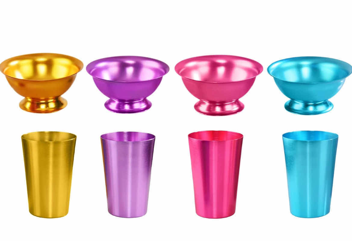 Photo 1 of BRAND NEW CASE OF 12-HOME-X SET OF 8 BRIGHTLY COLORED ALUMINUM BOWLS AND TUMBLERS, 4 METAL SERVING PLATES AND 4 12oz TUMBLERS, SHATTER RESISTANT, ASSORTED COLORS