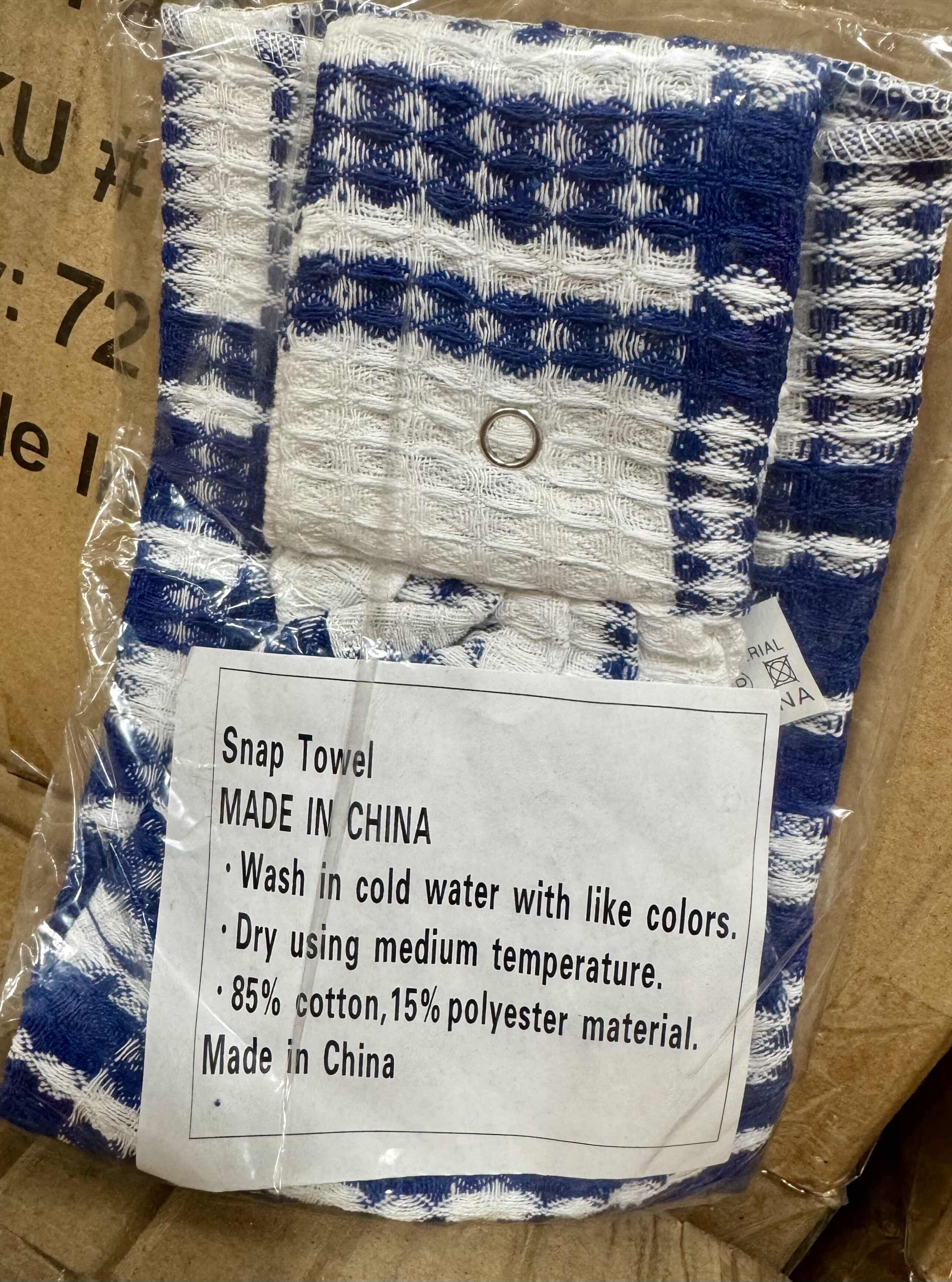 Photo 1 of BRAND NEW CASE OF WOVEN BLUE AND WHITE SNAP TOWELS