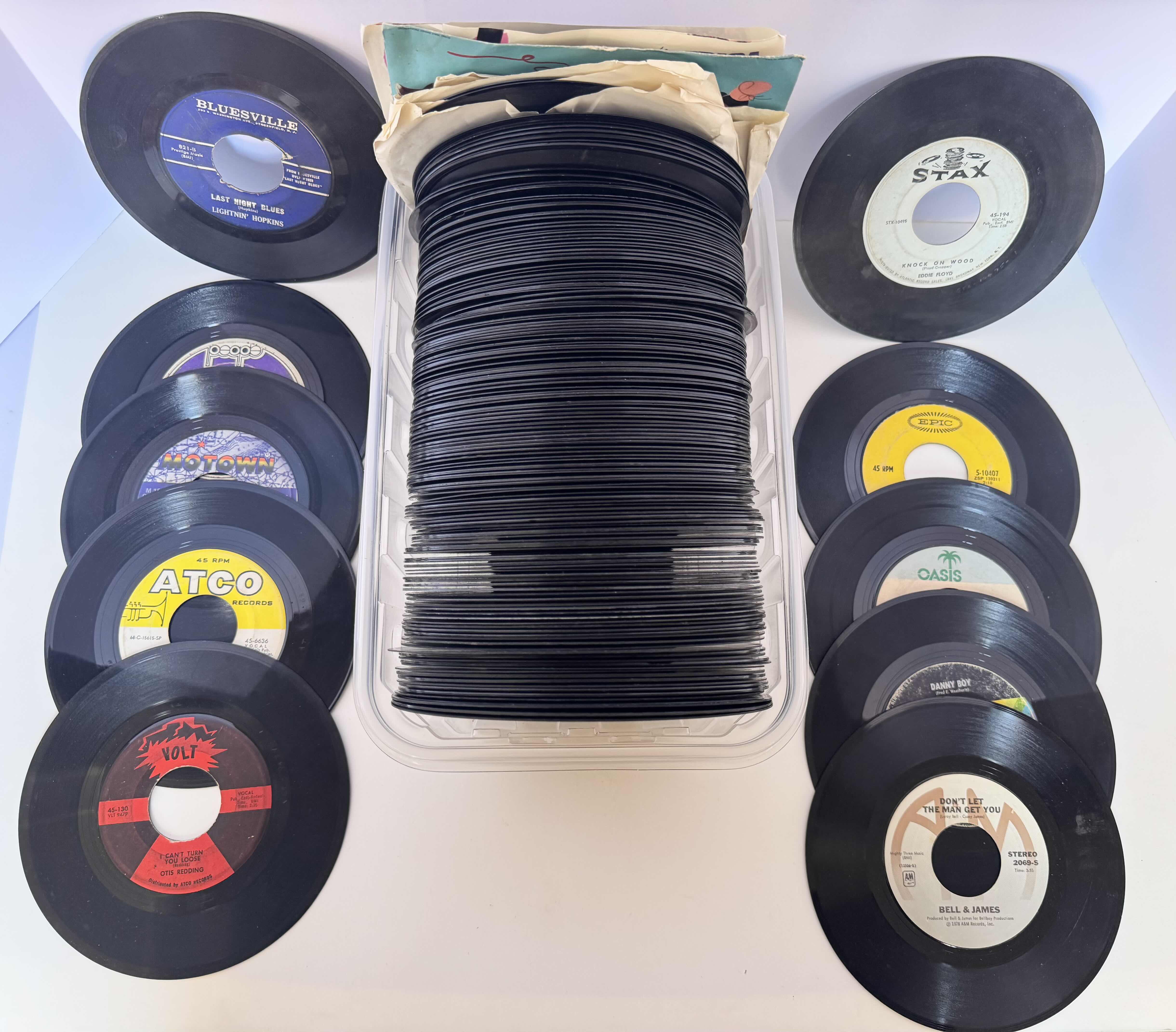 Photo 1 of BOX OF VINYL RECORD COLLECTION. VARIOUS ARTISTS RECORD SIZE IS 45'S. VARIOUS R&B ARTISTS. SEVERAL GENRES.