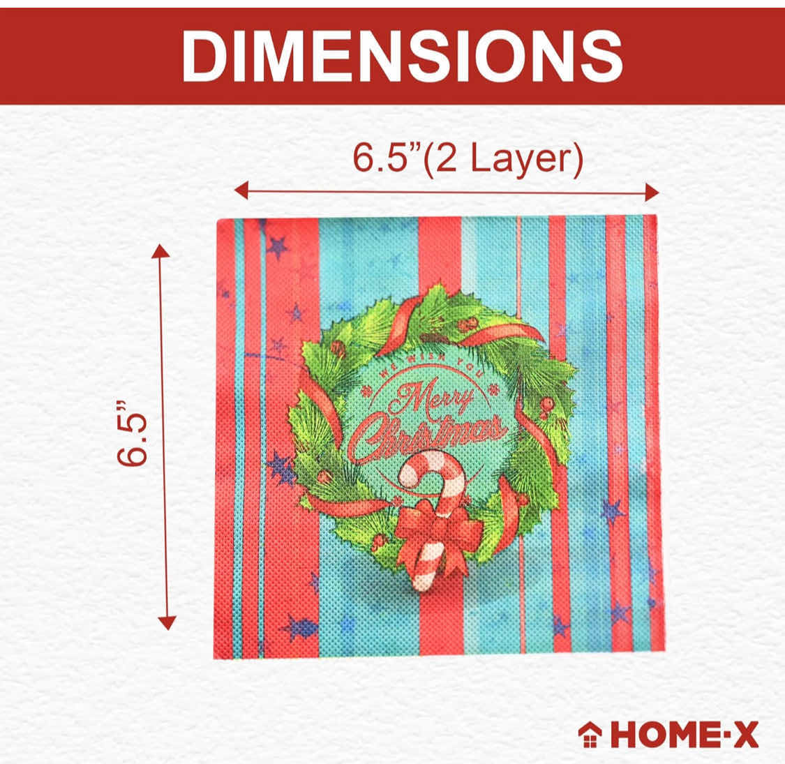 Photo 2 of BRAND NEW CASE OF HOME-X MERRY CHRISTMAS  WREATH WITH STRIPS PAPER NAPKINS, 6.5” LUNCHEON DINNER PARTY, 48 PACK DISPOSABLE