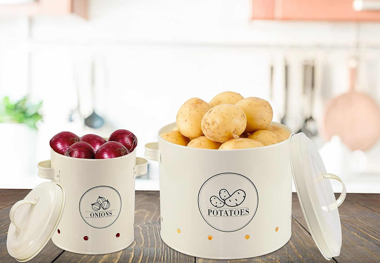 Photo 1 of BRAND NEW CASE OF HOME-X CANISTER SET, POTATO & ONION STORAGE CONTAINERS POTATO: 8 ½" D x 7 ¾" H, ONION: 5 ½" D x 6 ¼" H, SOFT WHITE