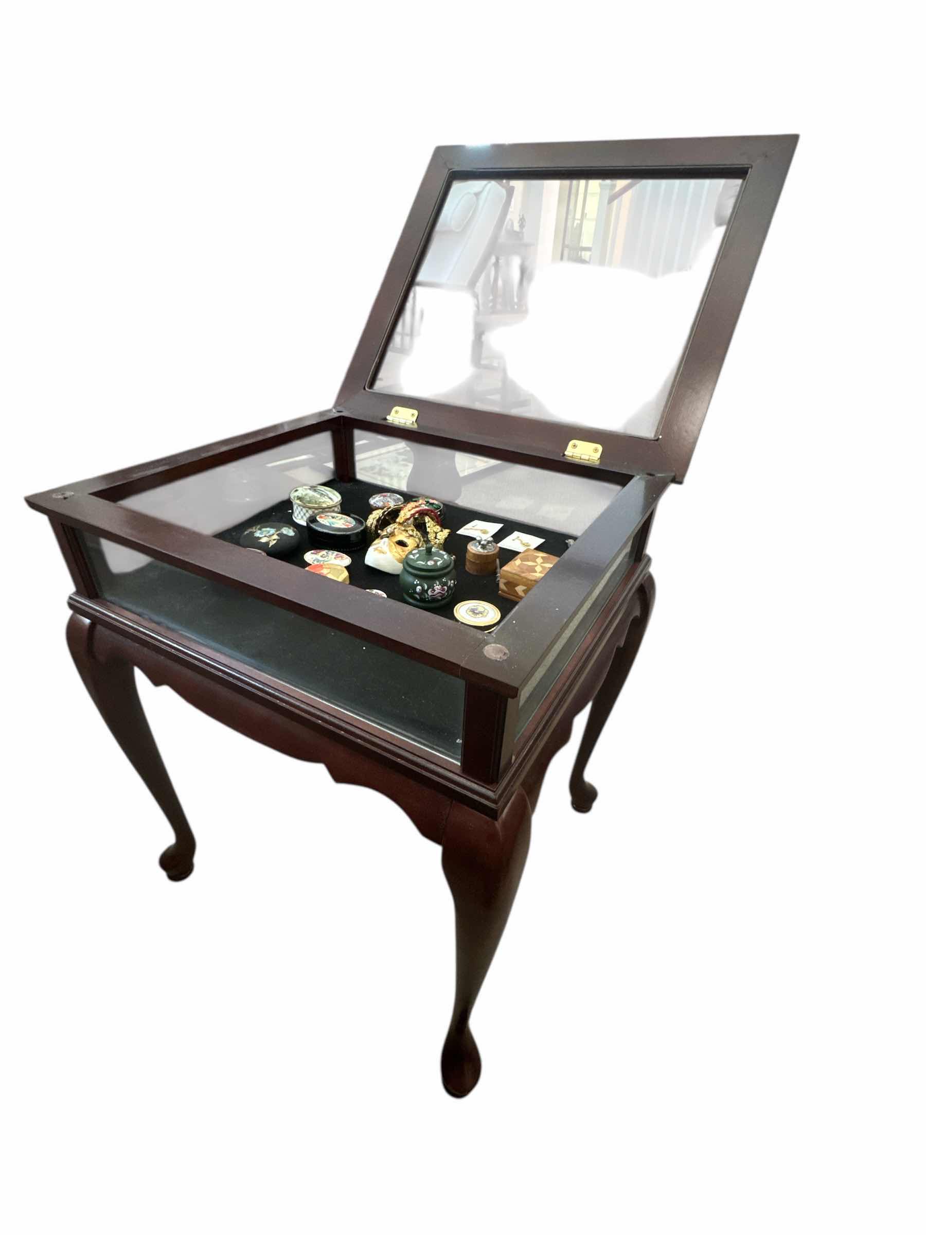 Photo 1 of SHADOW BOX TABLE (MISSING TOP GLASS) FILLED WITH MINIATURE TRINKET BOXES 18” X 16” H 22”