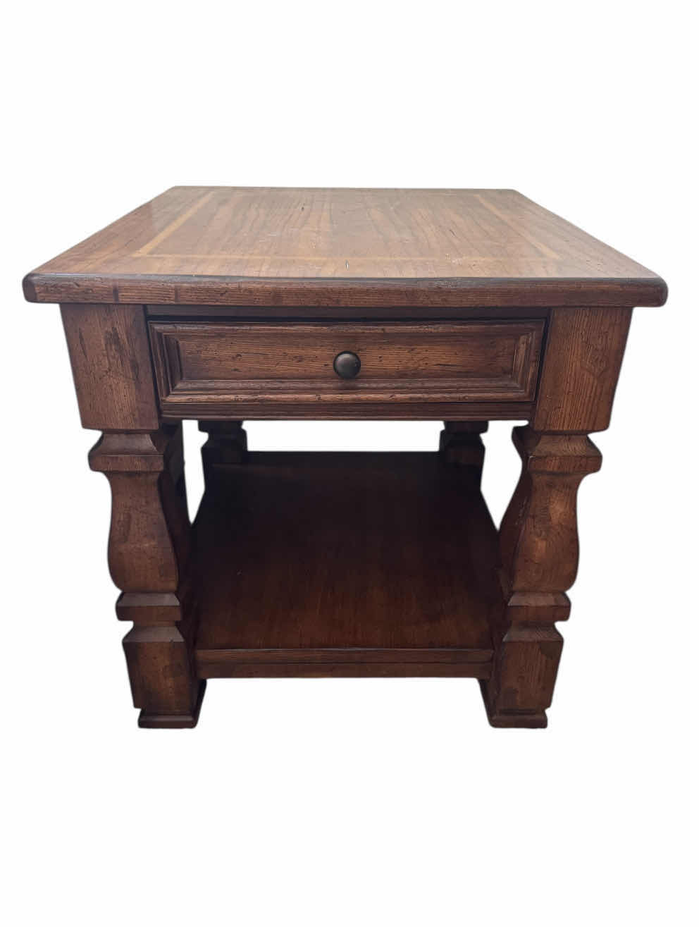Photo 1 of 250
VINTAGE HEAVY WOOD END/SIDE TABLE EDDIE BAUER WITH DRAWER. 

25” X 28” X H26”