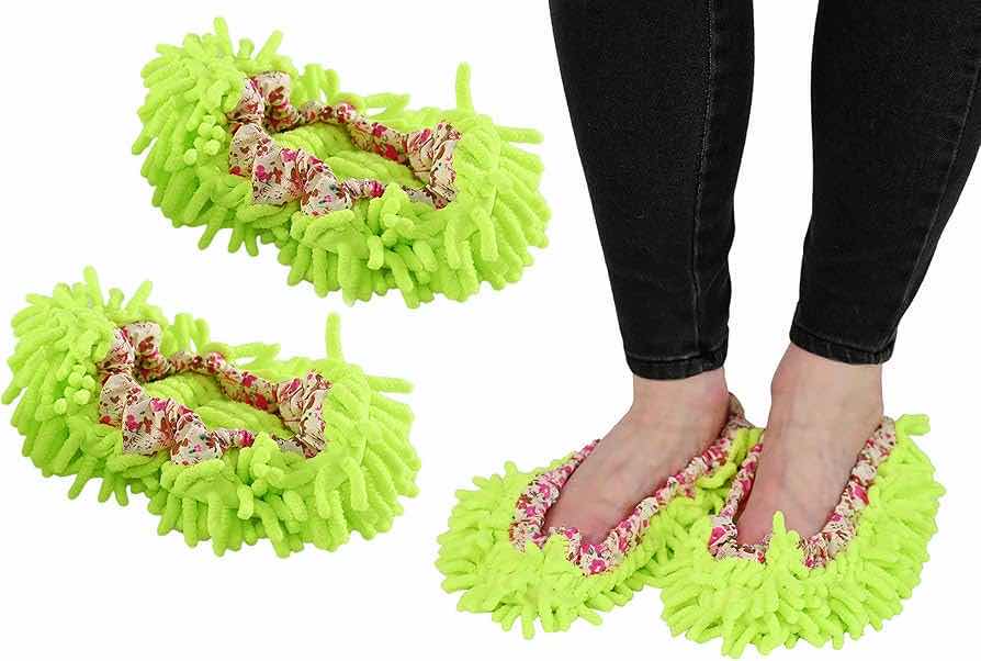 Photo 1 of NEW CASE HOME-X GREEN CHENILLE FLOOR CLEANING & DUSTING WASHABLE SLIPPERS (APPROX 150 PER CASE)