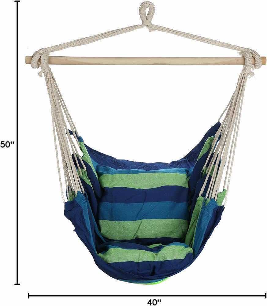 Photo 1 of NEW CASE OF ARAD INDOOR/OUTDOOR BLUE & GREEN STRIPED THICK CANVAS HANGING HAMMOCK W 2 CUSHIONS (4 PER CASE)