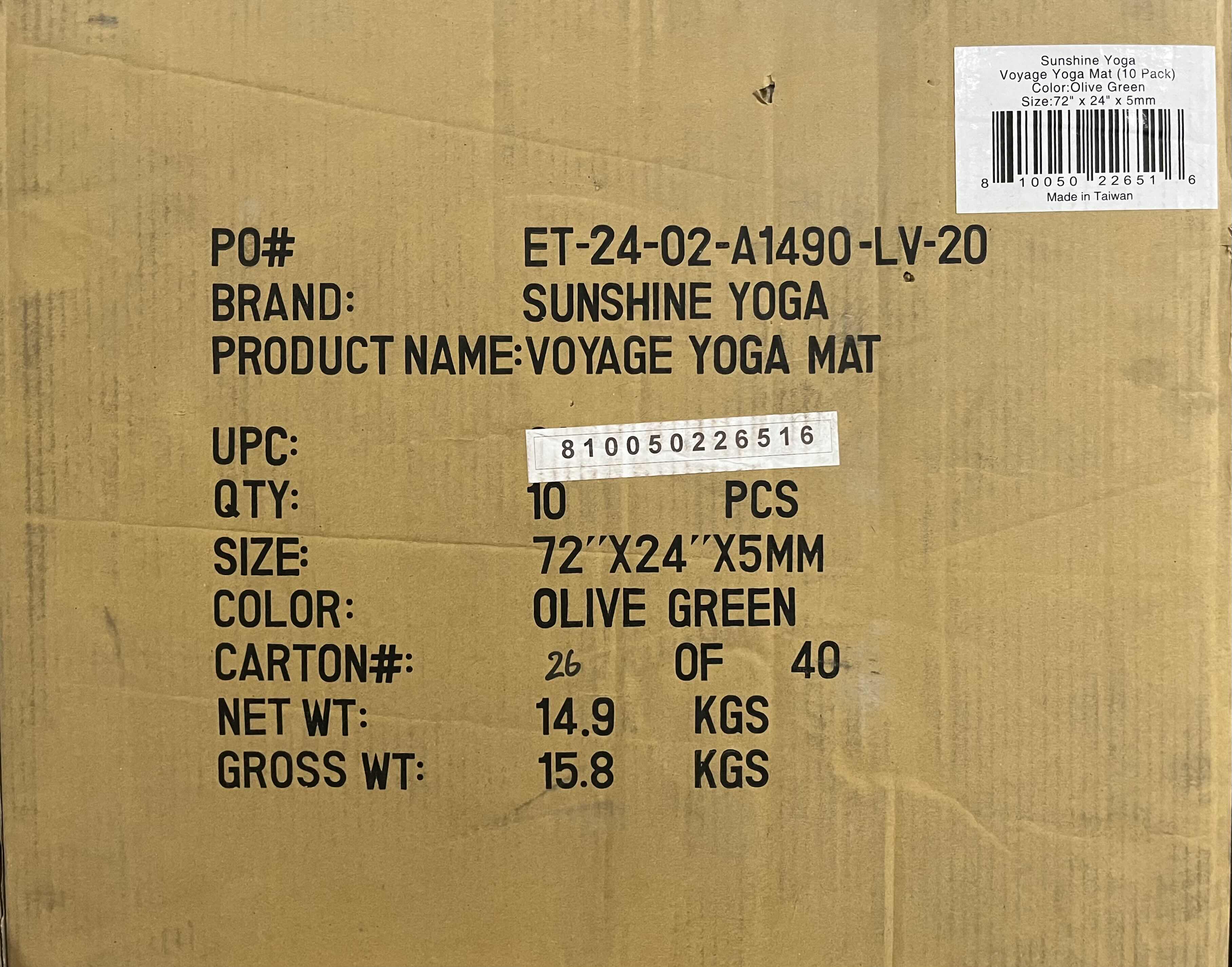 Photo 1 of NEW CASE OF SUNSHINE YOGA OLIVE GREEN VOYAGE YOGA MATS 72” X 24” (10PCS PER CASE)
