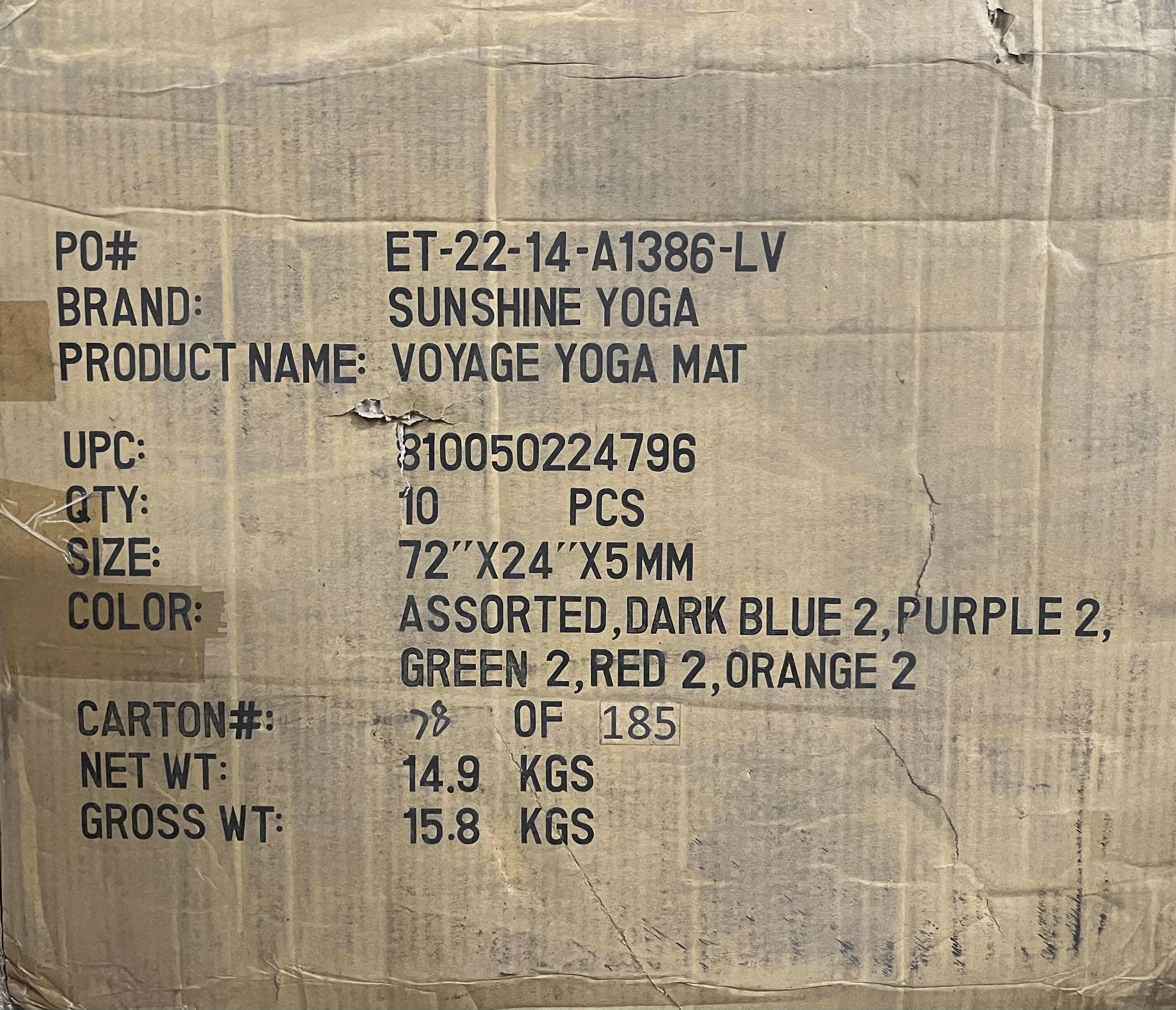 Photo 1 of NEW CASE OF SUNSHINE YOGA ASSORTED COLORS VOYAGE YOGA MATS 72” X 24” (10PCS PER CASE)