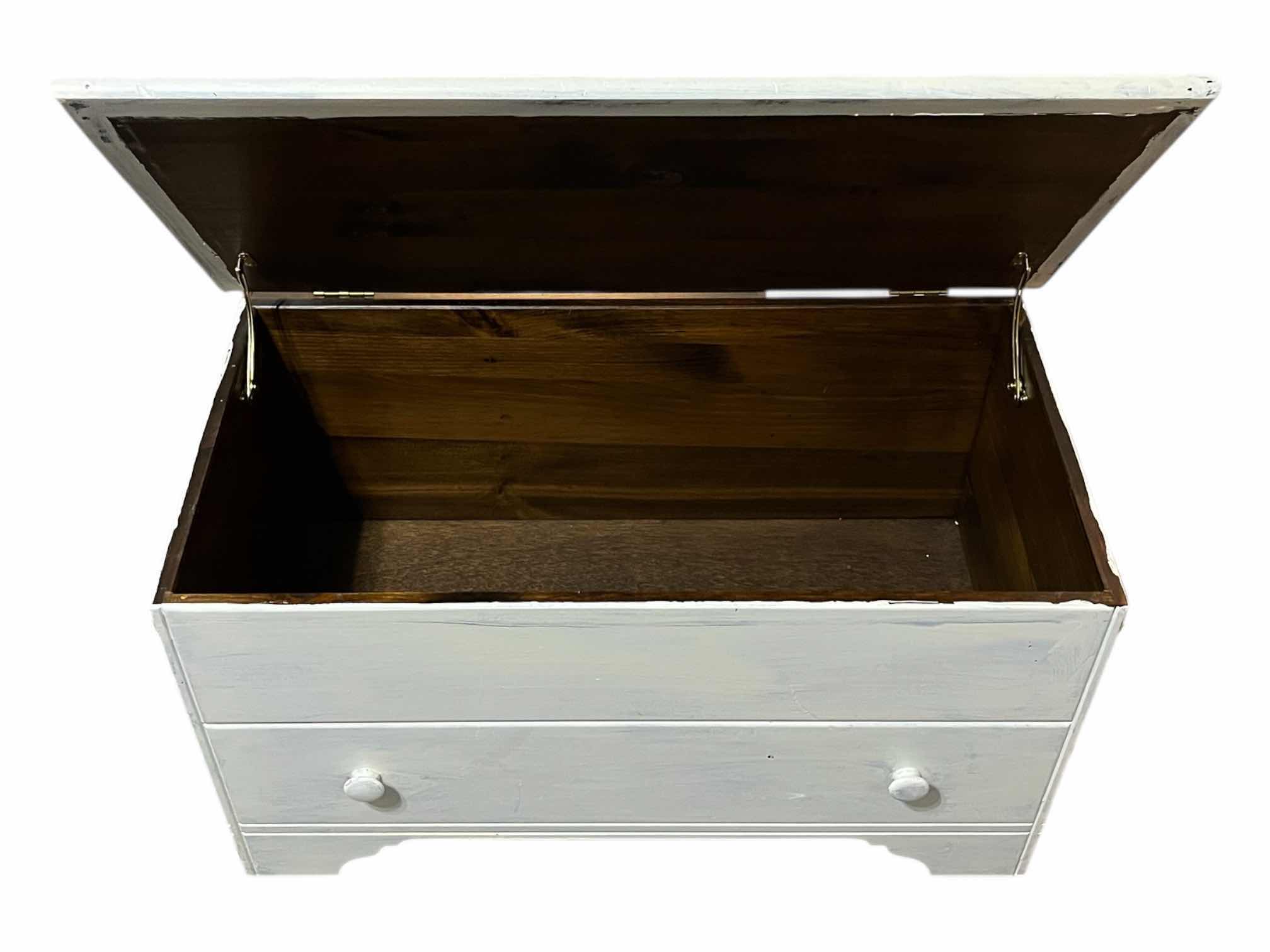 Photo 1 of FARMHOUSE STYLE WHITE DISTRESSED WOOD FALSE DRAWER LIFT TOP CHEST 34.5” X 18.5” H18”