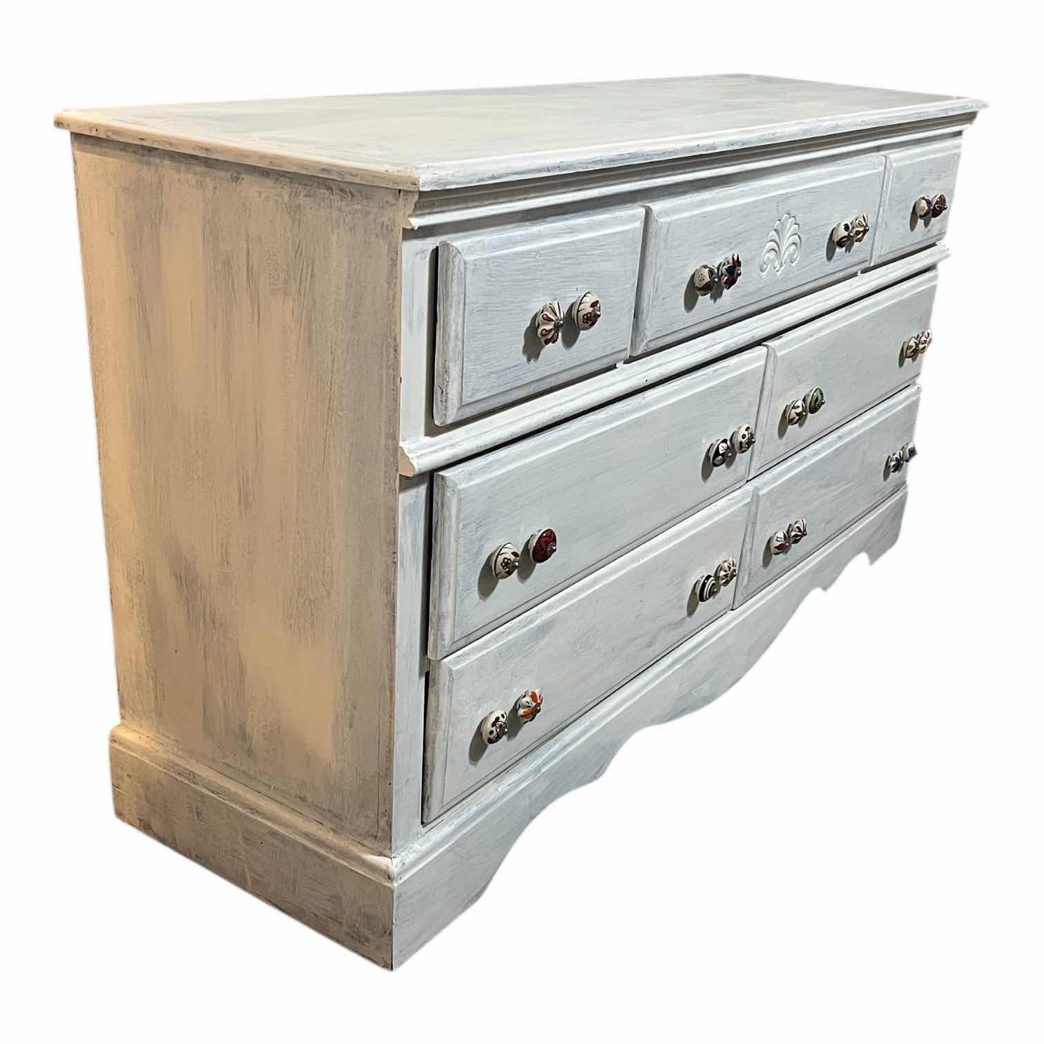 Photo 1 of FARMHOUSE STYLE WHITE DISTRESSED WOOD 7-DRAWER DRESSER 58” X 18” H31.5”