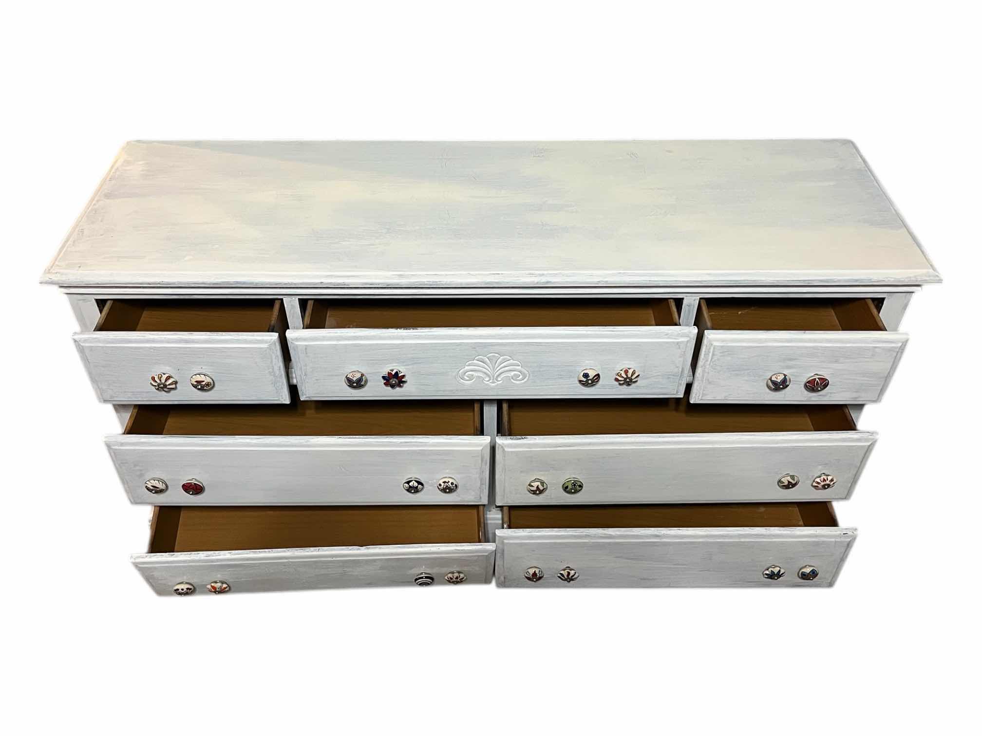 Photo 1 of FARMHOUSE STYLE WHITE DISTRESSED WOOD 7-DRAWER DRESSER 58” X 18” H31.5”