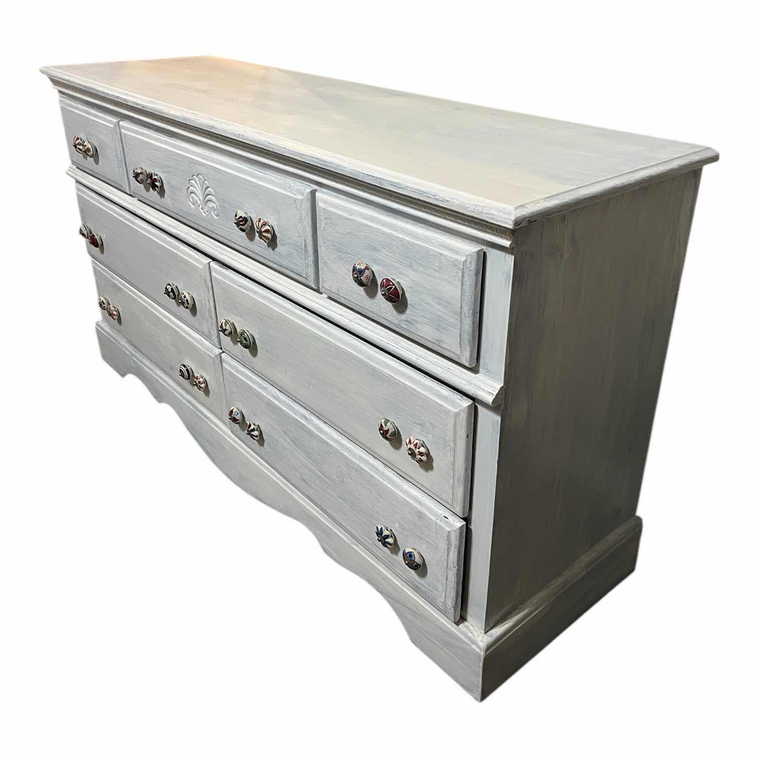 Photo 1 of FARMHOUSE STYLE WHITE DISTRESSED WOOD 7-DRAWER DRESSER 58” X 18” H31.5”