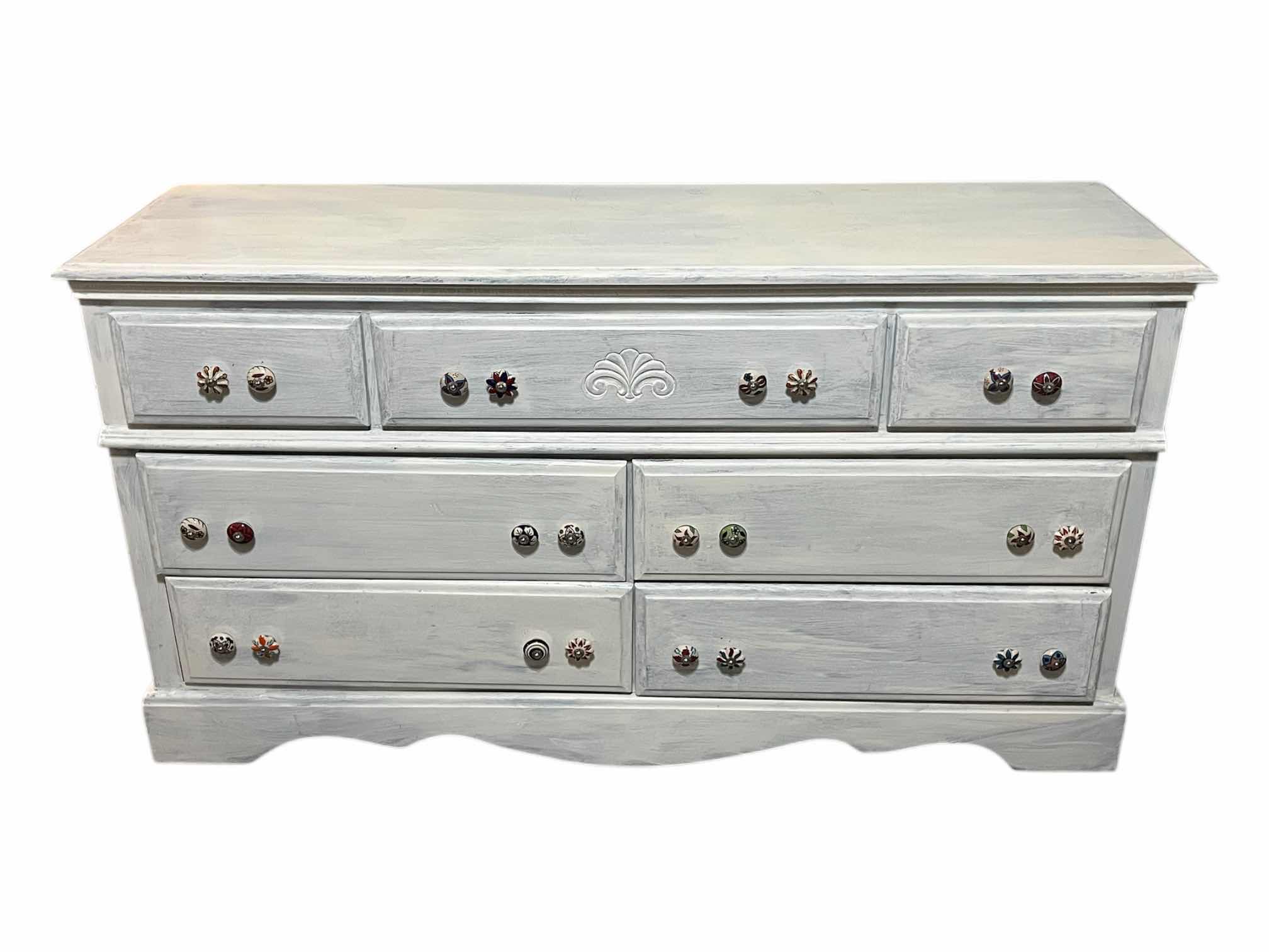 Photo 1 of FARMHOUSE STYLE WHITE DISTRESSED WOOD 7-DRAWER DRESSER 58” X 18” H31.5”