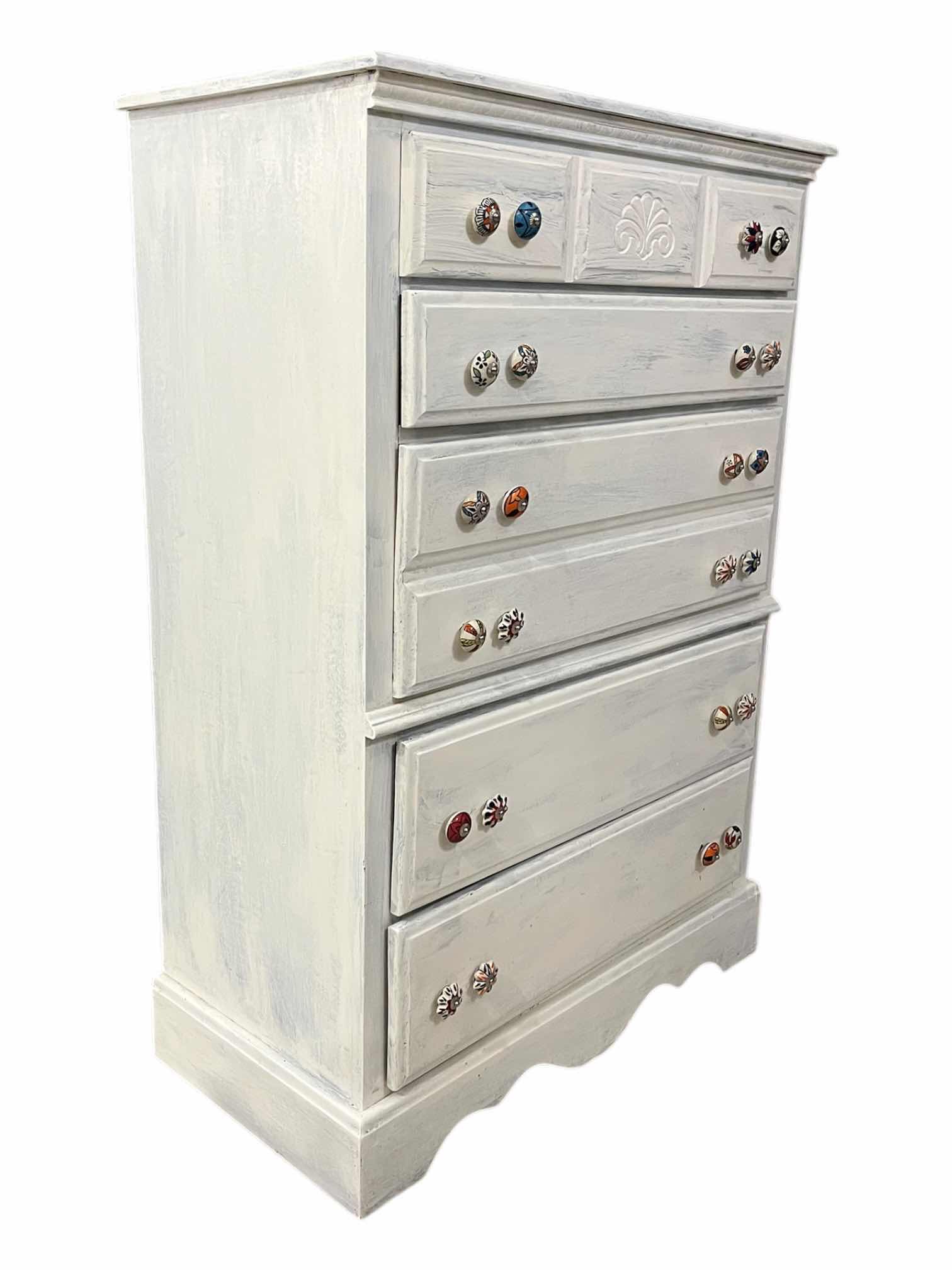 Photo 1 of FARMHOUSE STYLE WHITE DISTRESSED WOOD 5-DRAWER DRESSER 34” X 18” H49”
