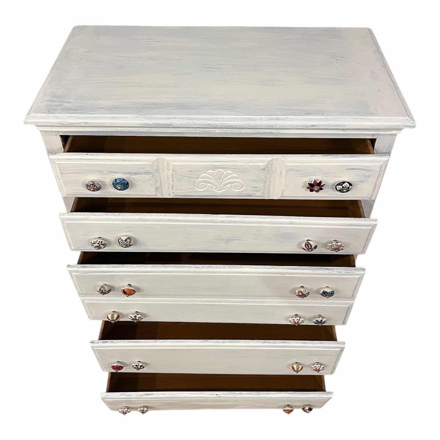 Photo 1 of FARMHOUSE STYLE WHITE DISTRESSED WOOD 5-DRAWER DRESSER 34” X 18” H49”