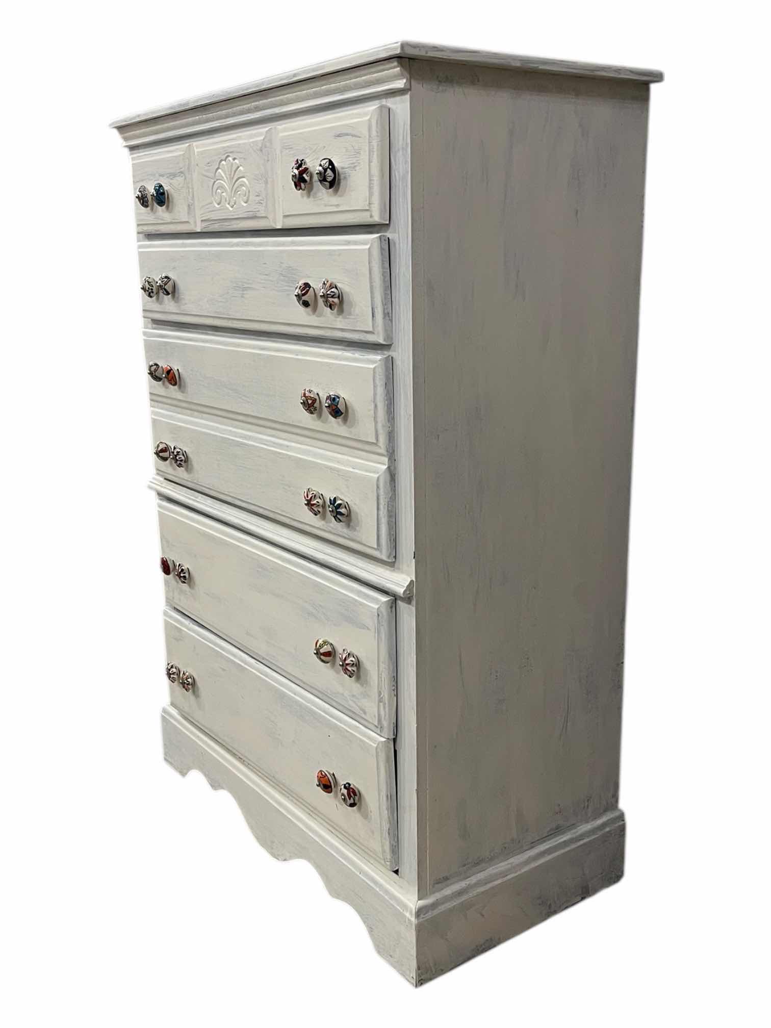 Photo 1 of FARMHOUSE STYLE WHITE DISTRESSED WOOD 5-DRAWER DRESSER 34” X 18” H49”