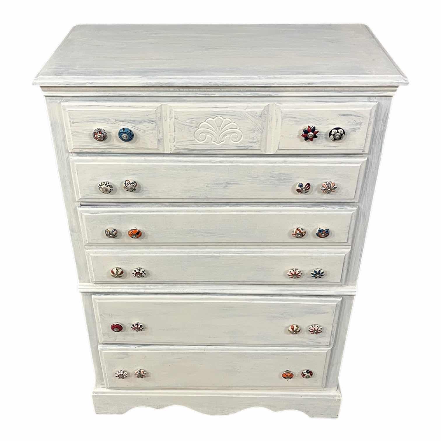 Photo 1 of FARMHOUSE STYLE WHITE DISTRESSED WOOD 5-DRAWER DRESSER 34” X 18” H49”