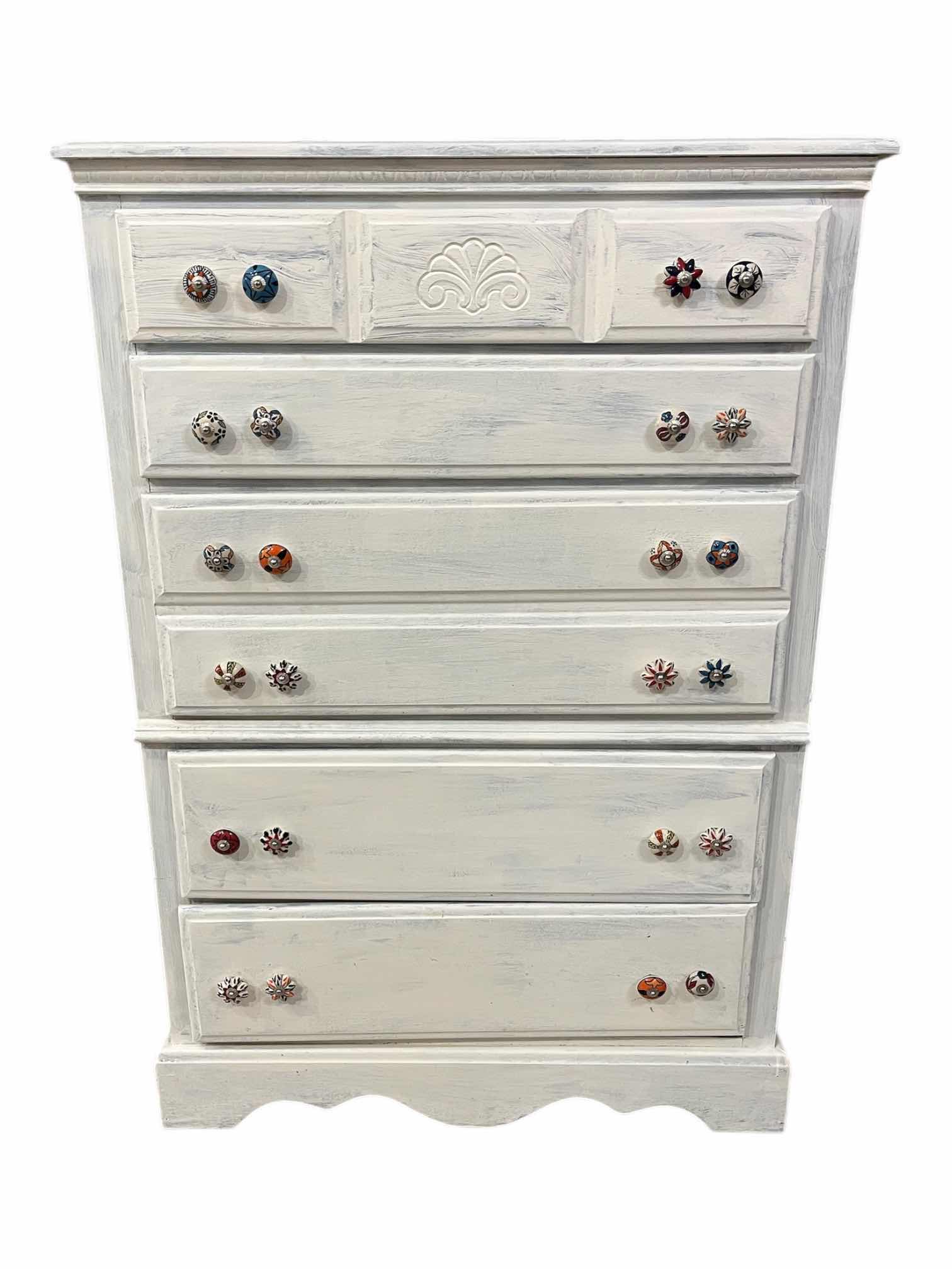 Photo 1 of FARMHOUSE STYLE WHITE DISTRESSED WOOD 5-DRAWER DRESSER 34” X 18” H49”