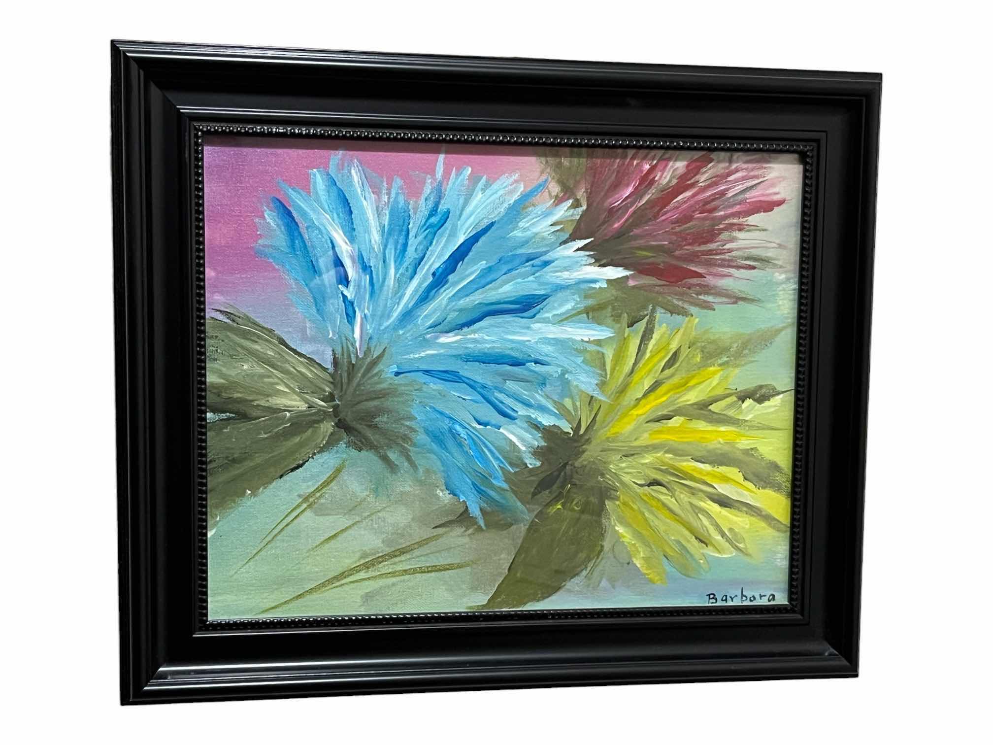 Photo 1 of FLORAL WATER PAINTING BY BARBARA FRAMED CANVAS ARTWORK 14” X 17”
