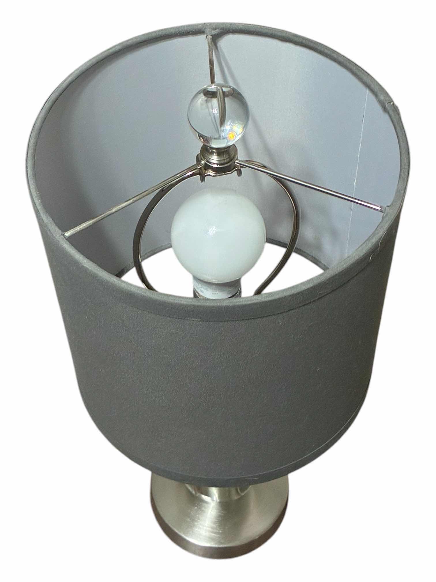 Photo 1 of CONTEMPORARY GLASS & BRUSHED STEEL TABLE LAMP 8.5” X 19”