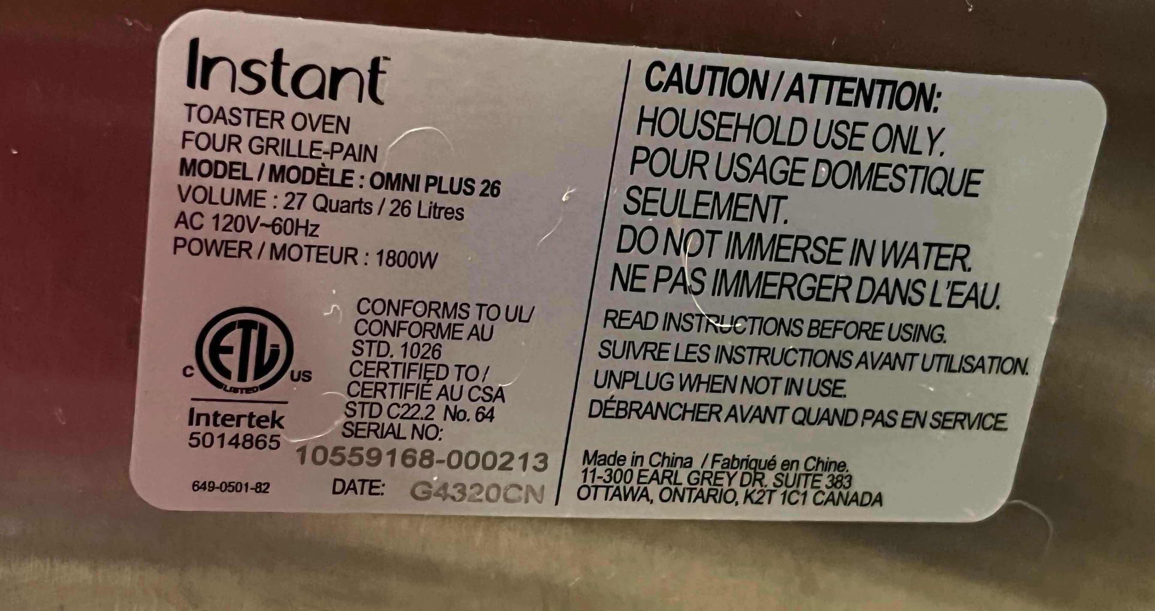 Photo 1 of INSTANT OMNI PLUS MULTIFUNCTION TOASTER OVEN OMNIPLUS26