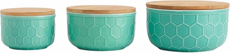 Photo 1 of BLOOMINGTON SET OF 3 ROUND MINT STONEWARE BOWLS W BAMBOO LIDS, MINT