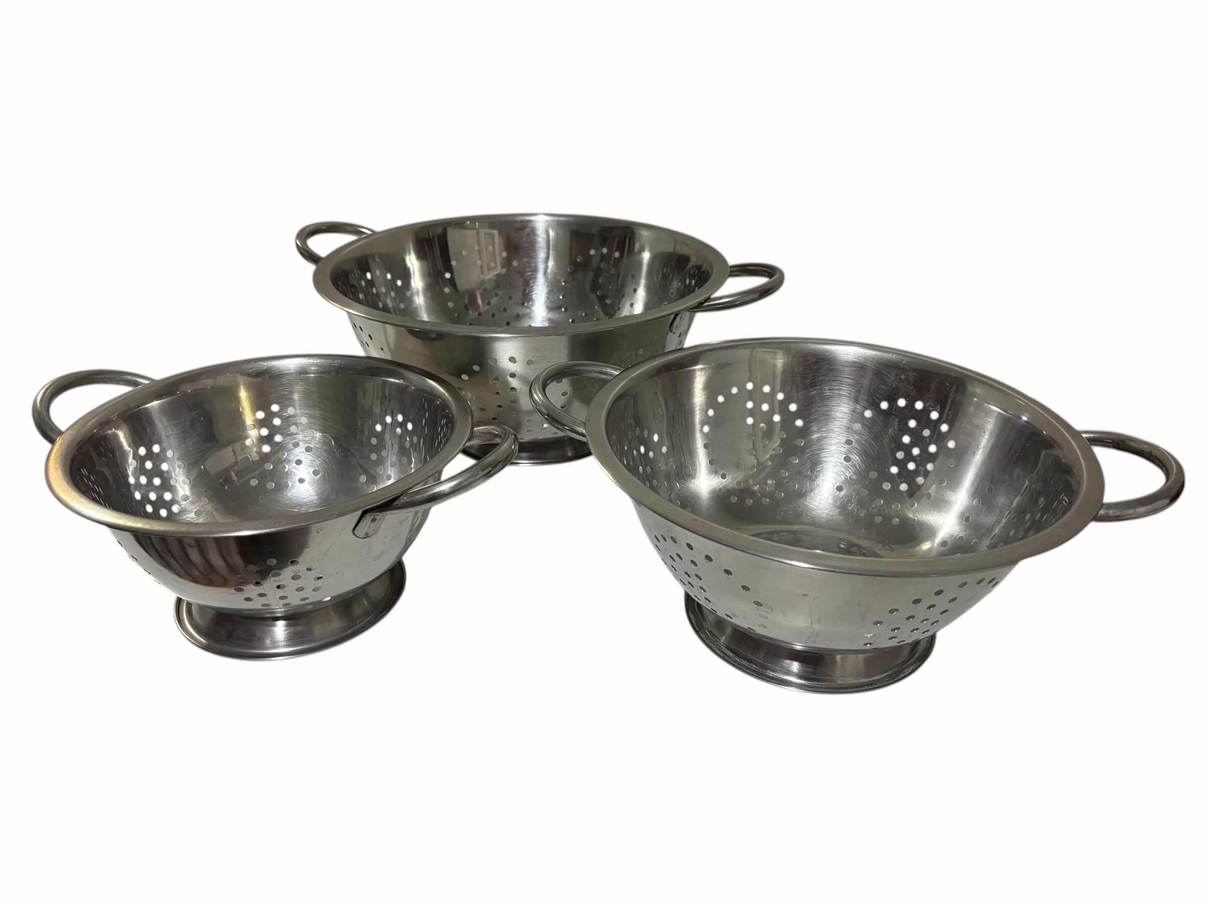 Photo 1 of 3 PACK STAINLESS STEEL COLANDERS W HANDLES- 5 QT, 3 QT & 1 QT $30