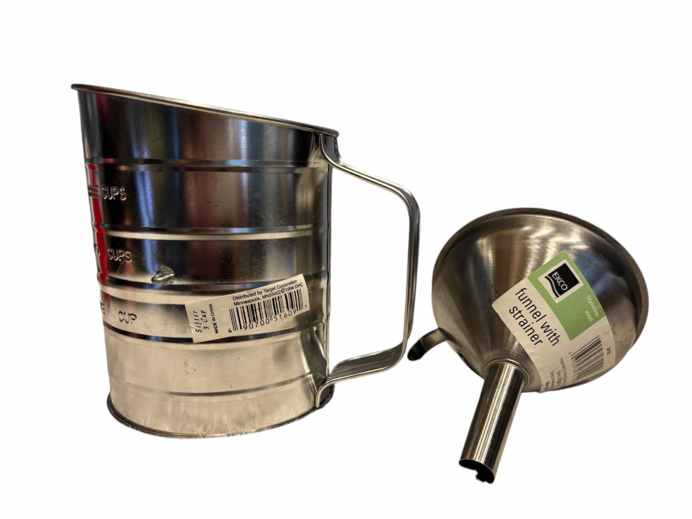 Photo 1 of HAND CRANK FLOUR SIFTER (3-CUP), FUNNEL W STRAINER & 2 SETS OF PLASTIC FUNNELS