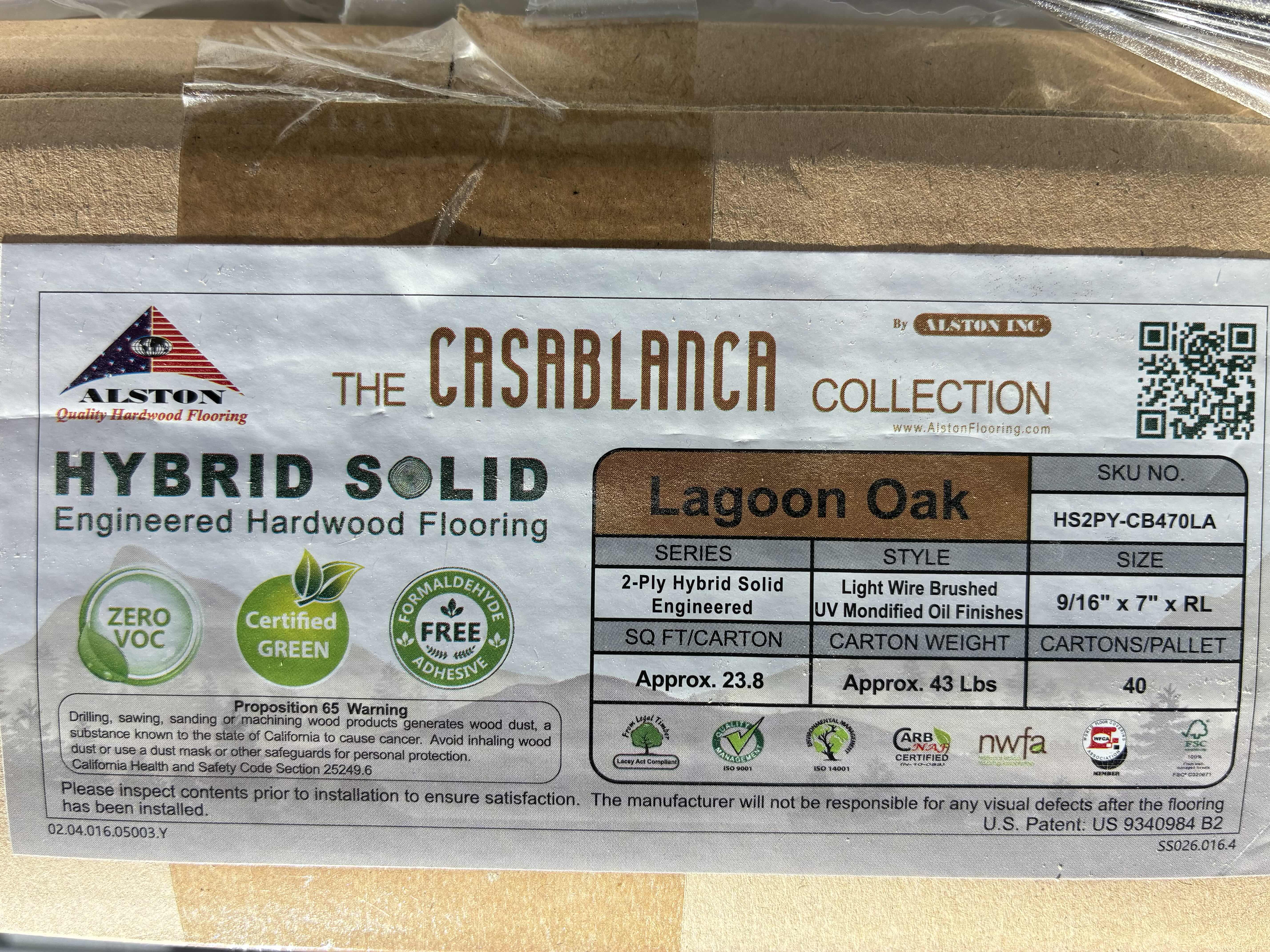 Photo 1 of ALSTON CASABLANCA COLLECTION LAGOON OAK FINISH GLUE DOWN HARDWOOD PLANKS 7” X 86” X RANDOM LENGTH (23.80SQFT PER CASE/17 CASES)