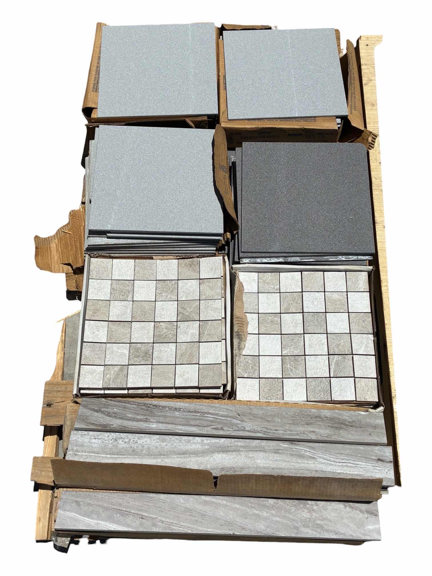 Photo 1 of MIXED STONE FINISH TILE PALLET-SQUARE TILE & MOSAIC TILE W FLOOR BASE TILE (APPROX 7 CASES TOTAL) READ NOTES