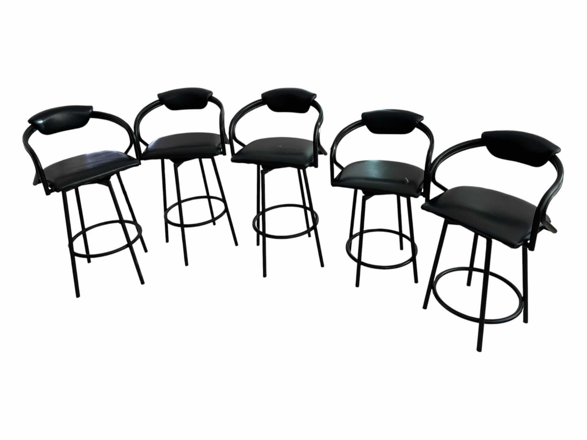 Photo 1 of HIGH BACK SWIVEL BLACK UPHOLSTERED COUNTER/BAR STOOLS 22“ X 16“ H37”-H42“ (5)