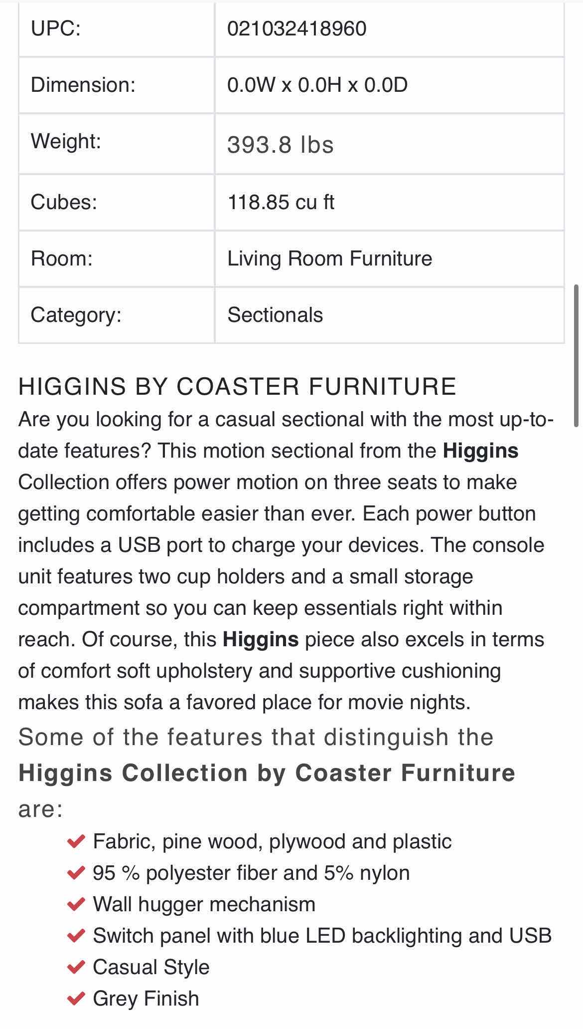 Photo 1 of COASTER FURNITURE HIGGINS COLLECTION POWER MOTION USB PORT GREY TWO TONE UPHOLSTERED 4PC SECTIONAL SOFA 128” X 116“ H38” (READ NOTES) $2974