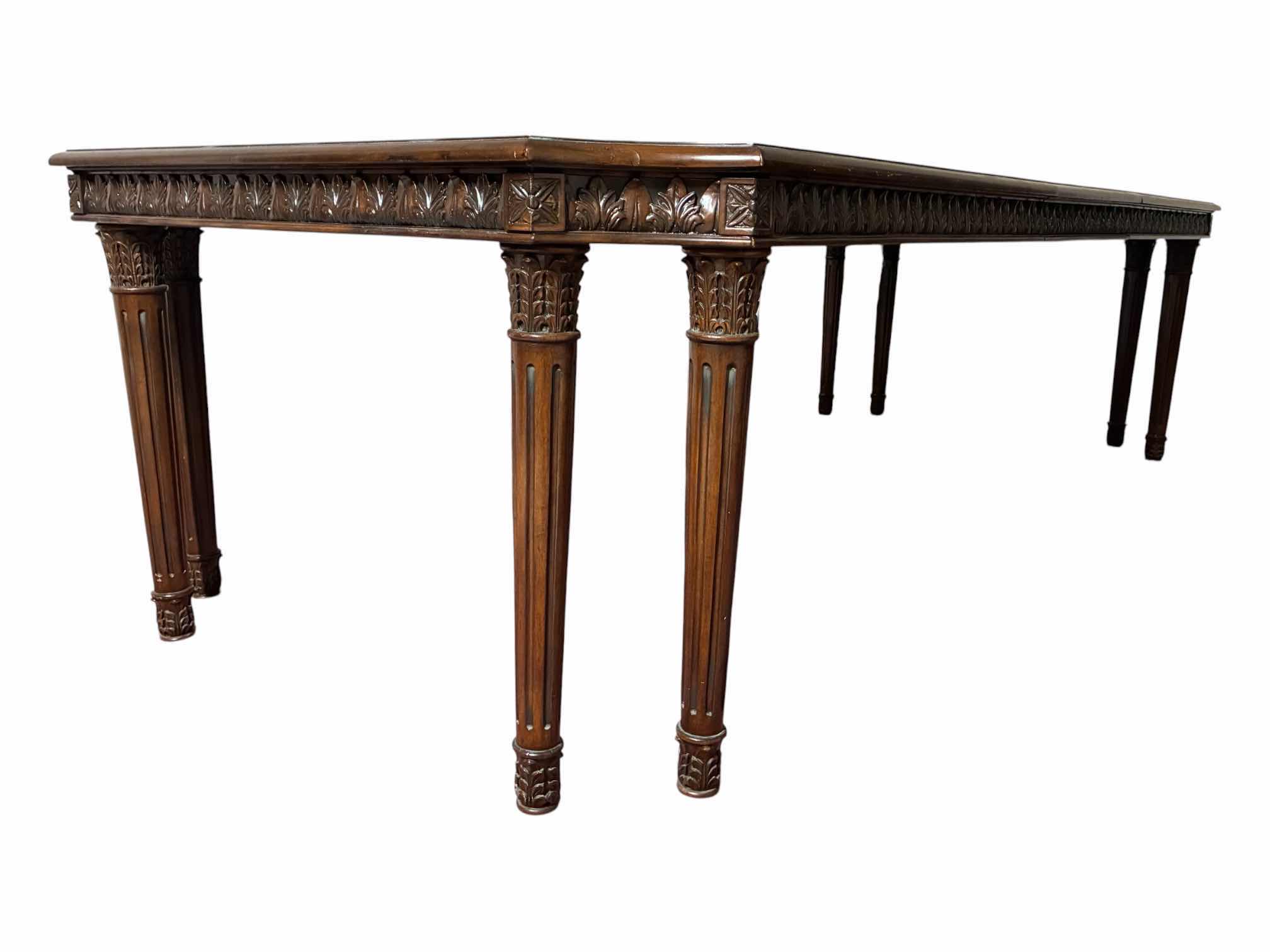 View 2 of MID-CENTURY 10’ CARVED MAHOGANY 8-LEG DINING ROOM TABLE W LEAF EXTENSION (READ NOTES)