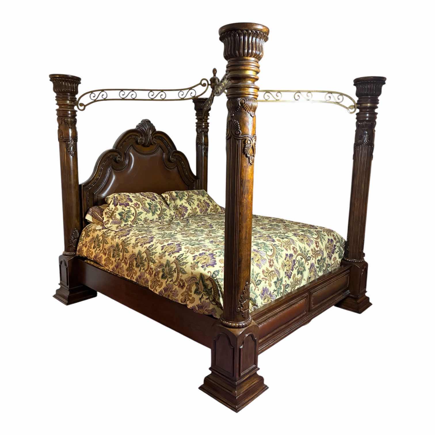 Photo 1 of MCFERRAN HOME FURNITURE MONACO EASTERN DARK CHERRY WOOD LEATHER INLAY KING CANOPY BED FRAME W BEDDING & BOX SPRING INCLUDED (READ NOTES) $3116